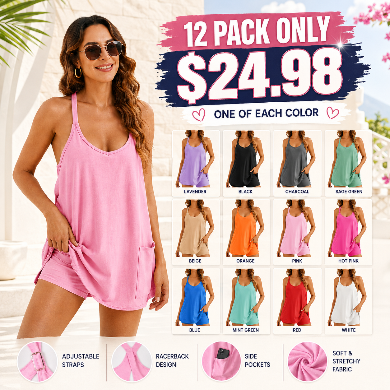 ⚡FINAL SALE⚡- Women's Sleeveless Sports Romper Dress - Built-In Shorts + Pockets