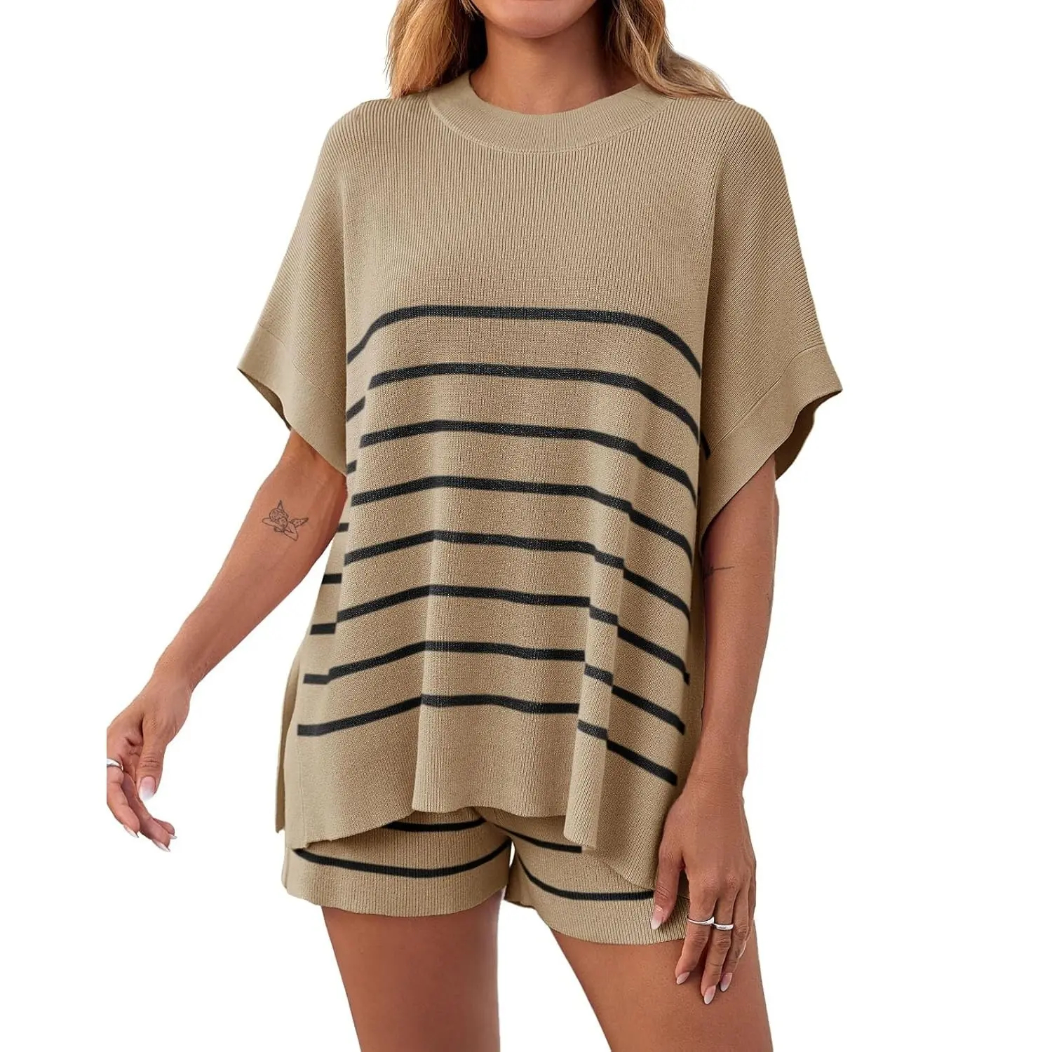 Women's Striped 2 Piece Outfits Oversized Batwing Short Sleeve Tops High Waisted Shorts
