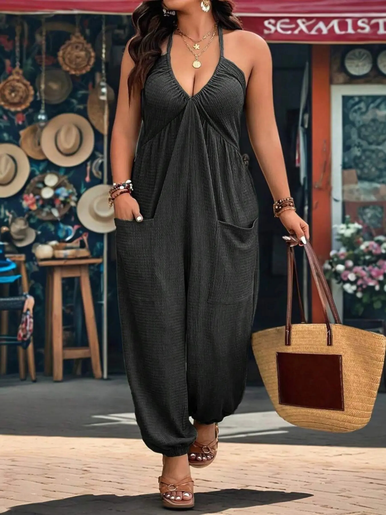 Women's Plus Solid Color Pocket Open Back Jumpsuit