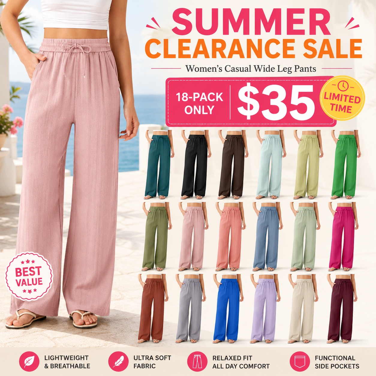 Women's High Waisted Drawstring Wide Leg Baggy Linen-Feel Pants with Pocket