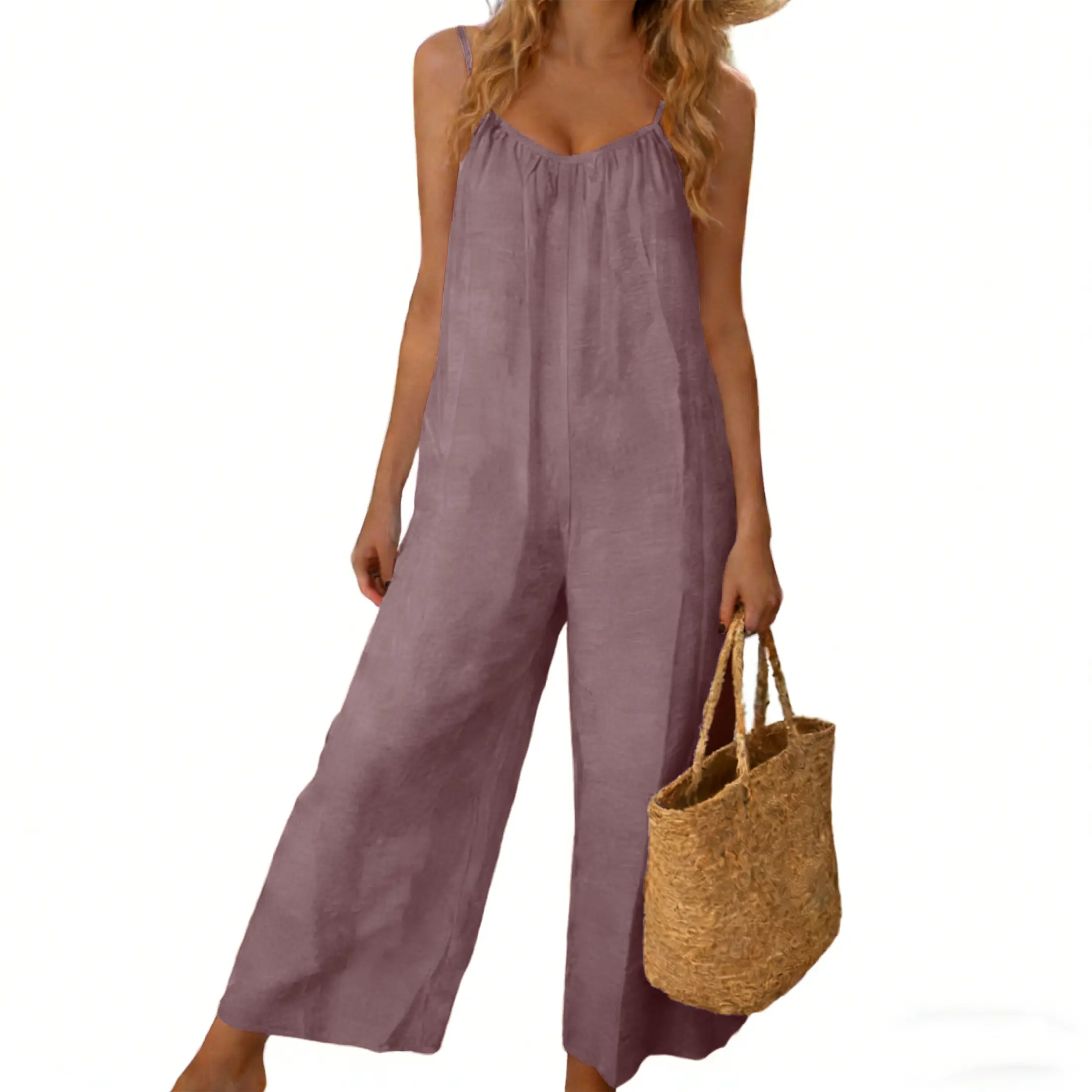 ⚡FINAL SALE⚡- Women's Sleeveless Tie-Back Long Wide-Leg Rompers with Side Pockets