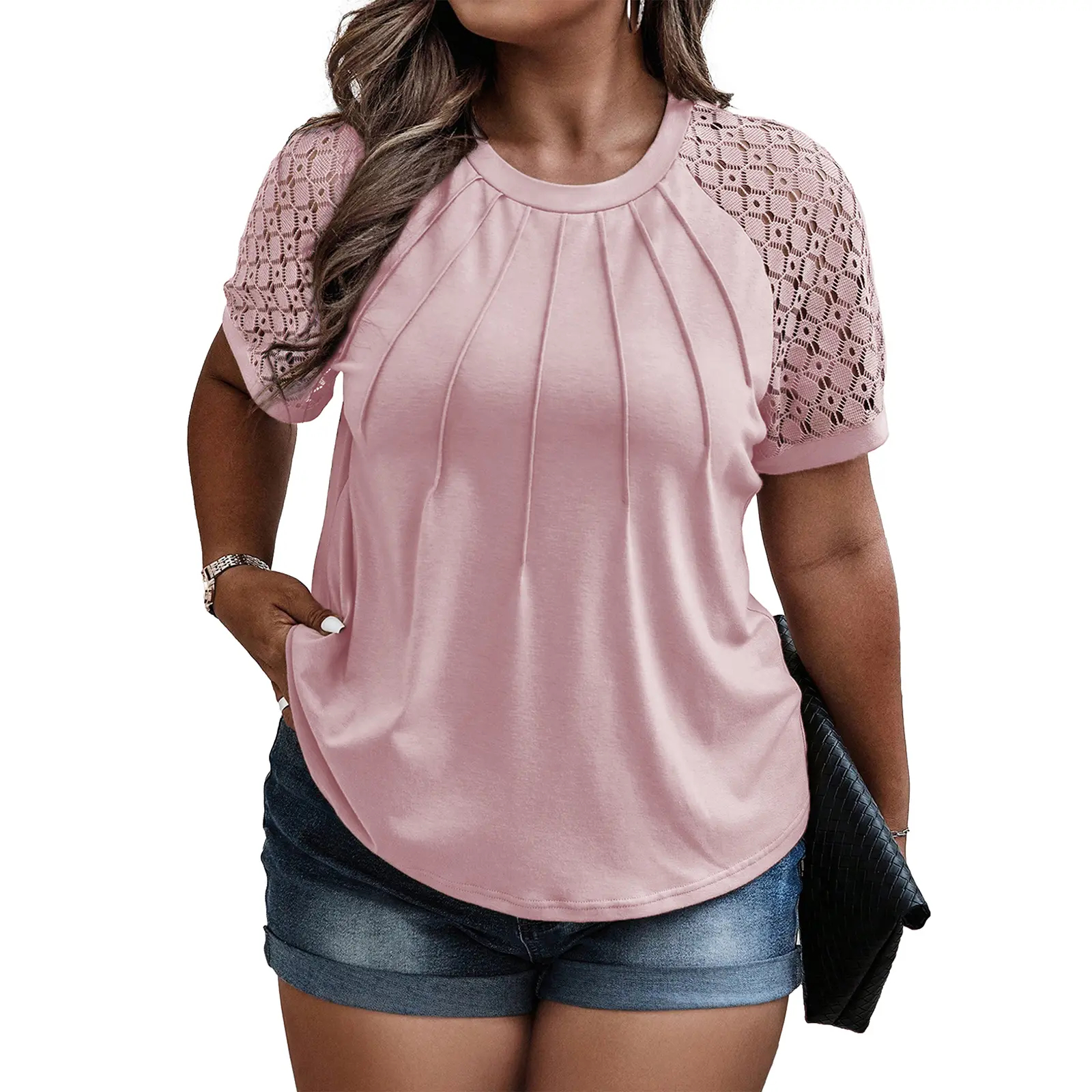 Women's Plus Size Lace Crewneck T Shirts