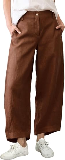 Women's Casual Baggy Linen Blend Pants, High Waisted Pull On Wide Leg Style with Pockets