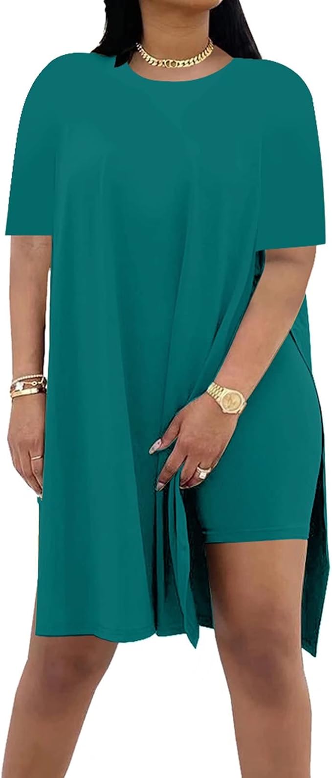 Women Plus Size 2 Piece Outfits Lady Basic Crewneck Short Sleeve Tunic Tops Soft Summer Sets, Breathable Material