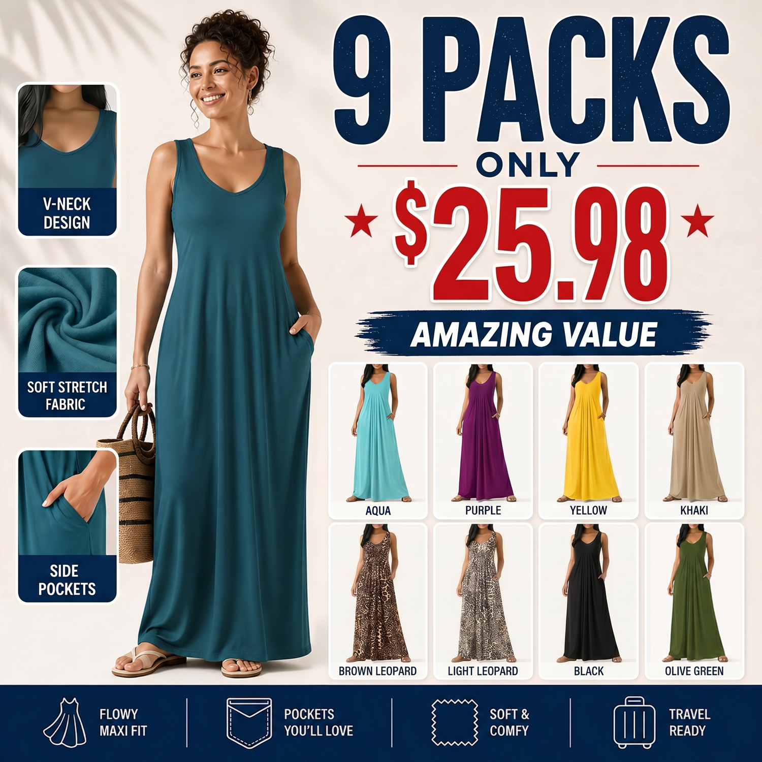 ⚡FINAL SALE⚡-Women's solid color casual sleeveless backless long dress with pockets