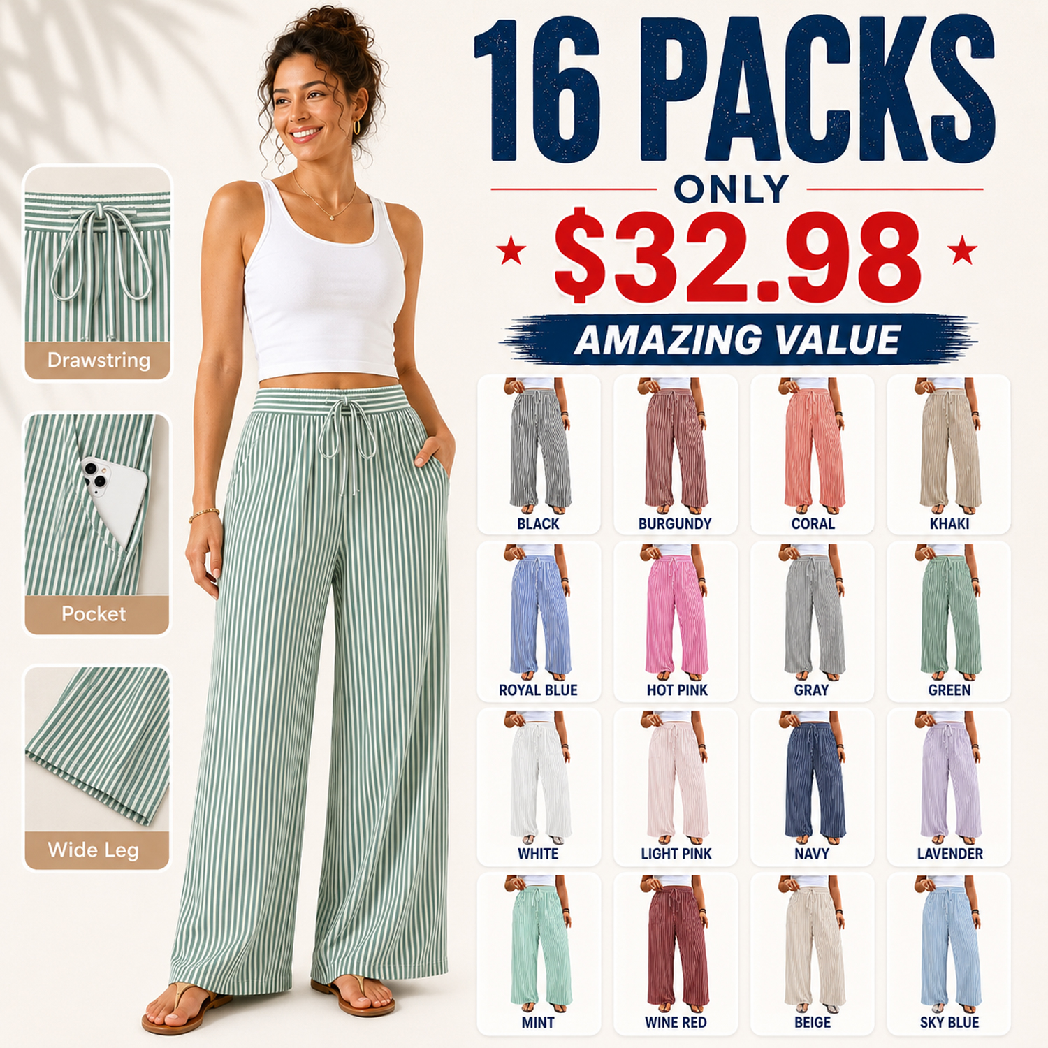 Women's Plus Size Wide Leg Pants Elastic High Waist Striped Casual Palazzo Pants Lounge Trouser with Pockets