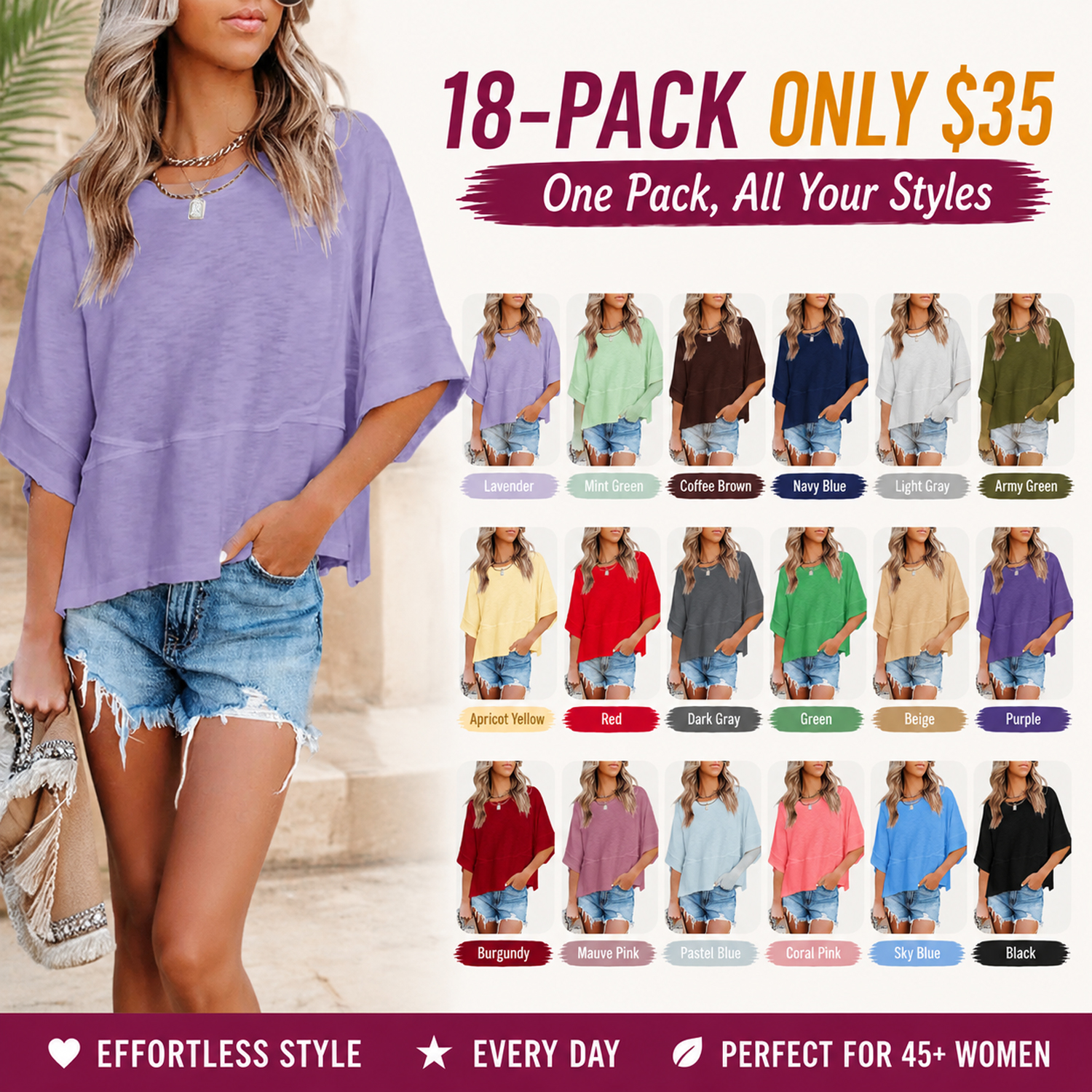 Women's Summer Casual Crewneck Batwing Half Sleeve Tee