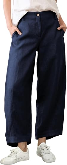 Women's Casual Baggy Linen Blend Pants, High Waisted Pull On Wide Leg Style with Pockets