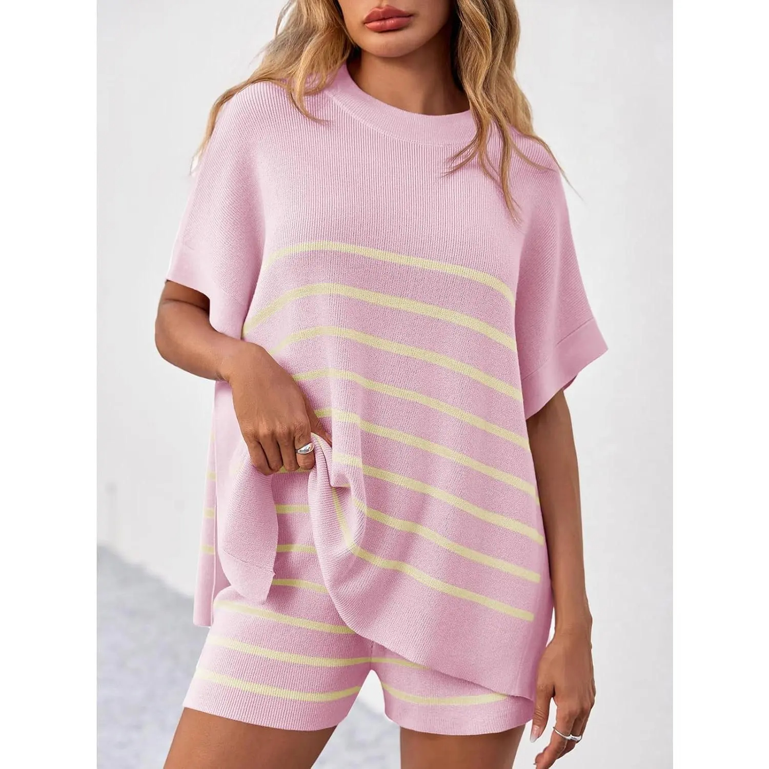Women's Striped 2 Piece Outfits Oversized Batwing Short Sleeve Tops High Waisted Shorts