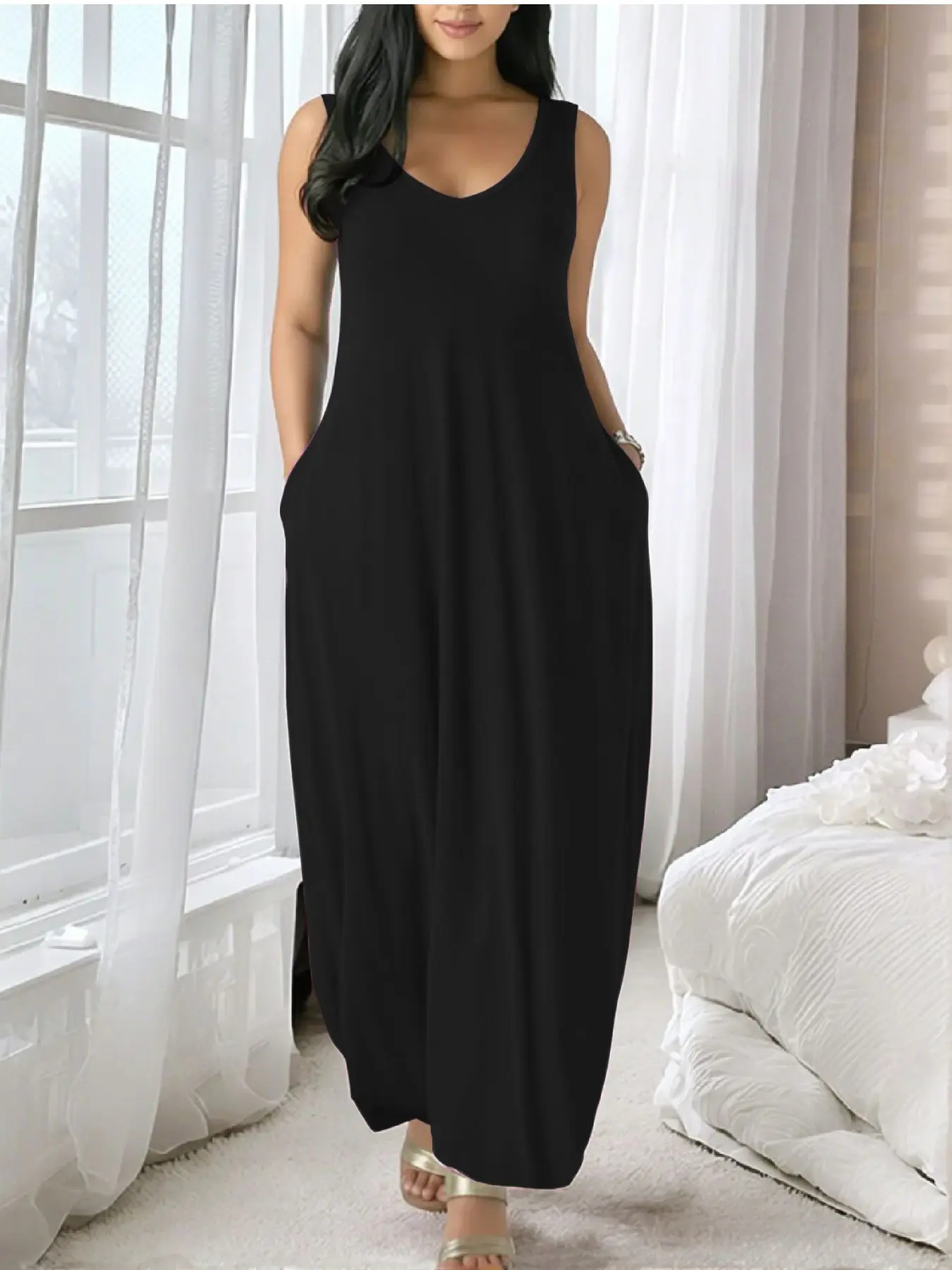 ⚡FINAL SALE⚡-Women's solid color casual sleeveless backless long dress with pockets