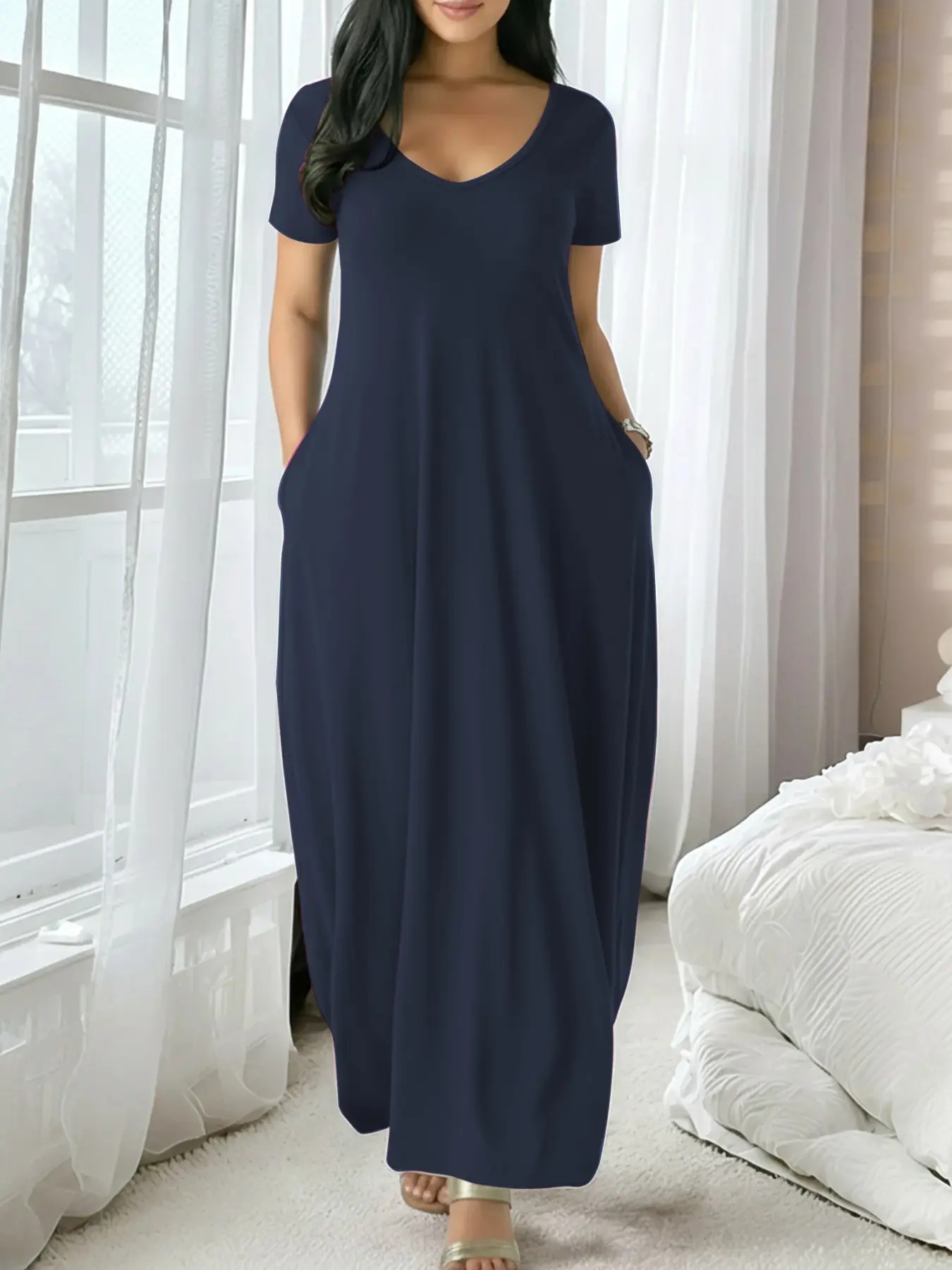 Women's Long Solid Color Loungewear Dress