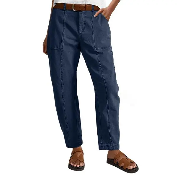 ⚡FINAL SALE⚡- Solid Stitch Detail Mid Waist Baby Barrel Fit Deep Pockets Pants