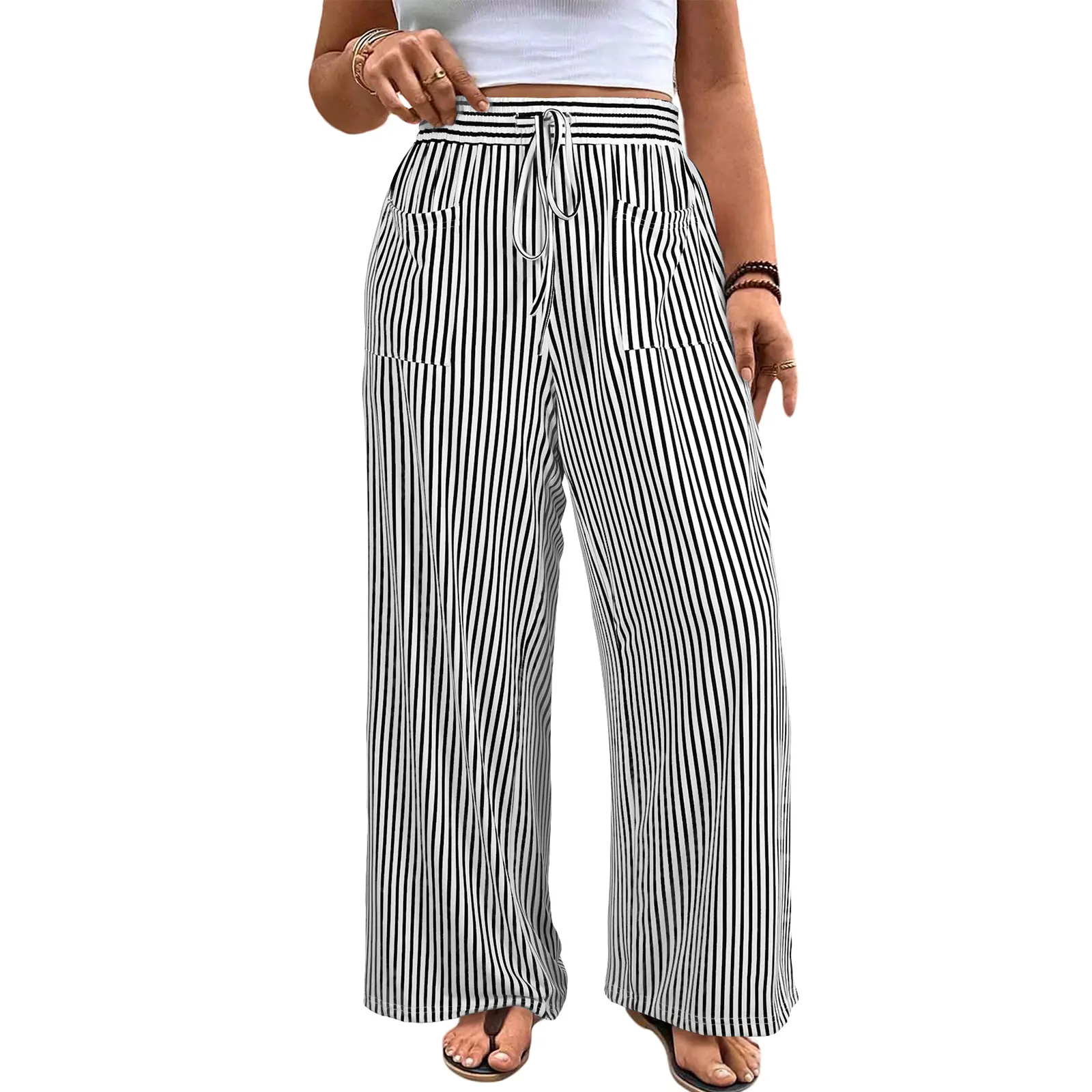 Women's Plus Size Wide Leg Pants Elastic High Waist Striped Casual Palazzo Pants Lounge Trouser with Pockets