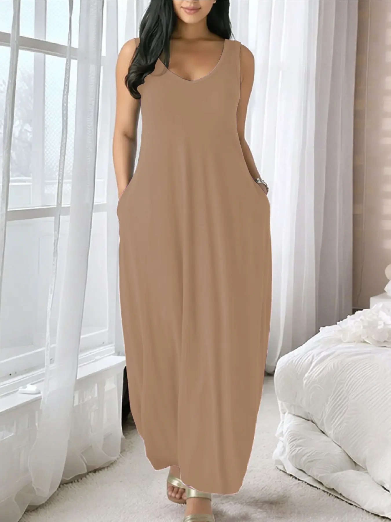 ⚡FINAL SALE⚡-Women's solid color casual sleeveless backless long dress with pockets