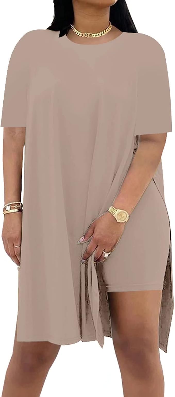 Women Plus Size 2 Piece Outfits Lady Basic Crewneck Short Sleeve Tunic Tops Soft Summer Sets, Breathable Material