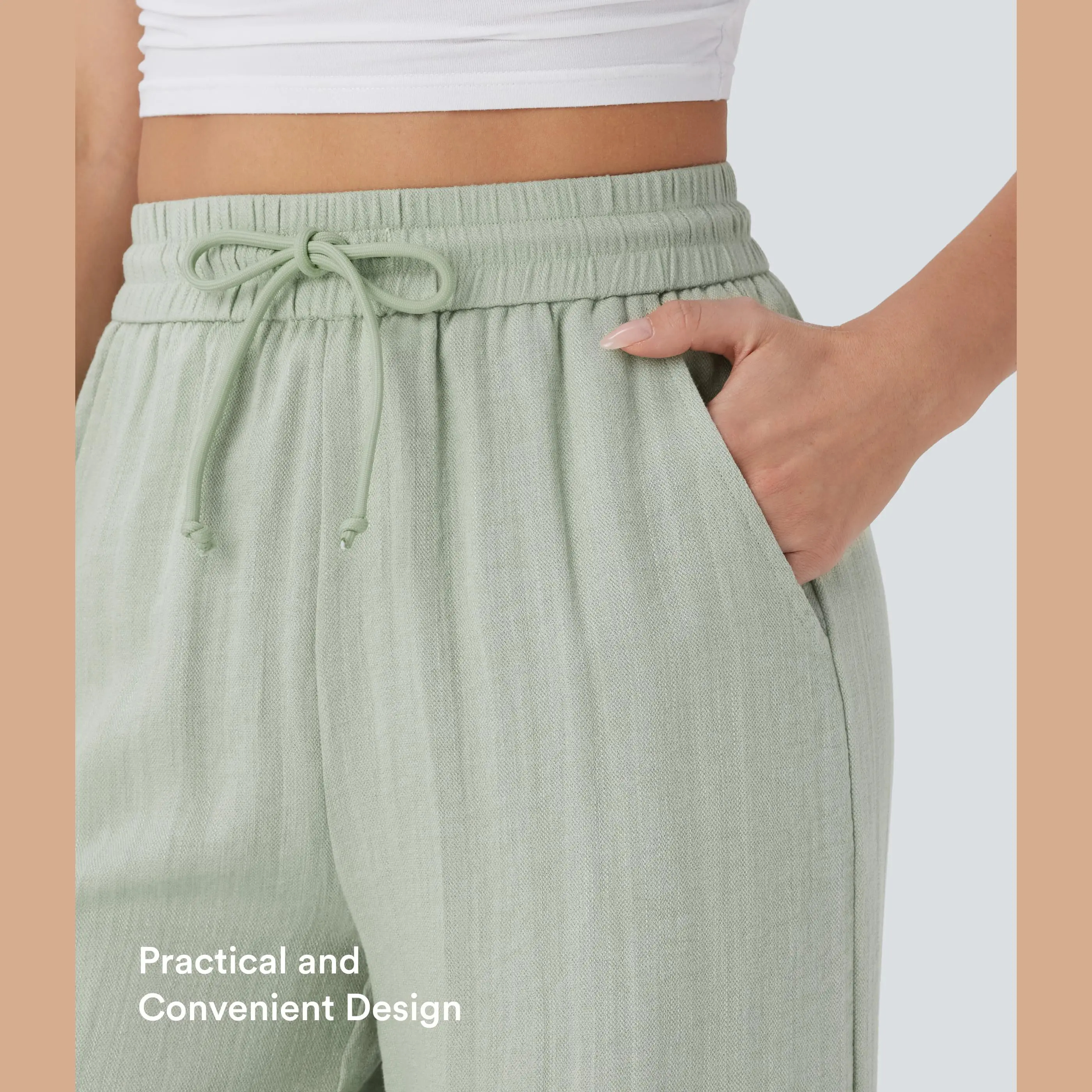 Women's High Waisted Drawstring Wide Leg Baggy Linen-Feel Pants with Pocket