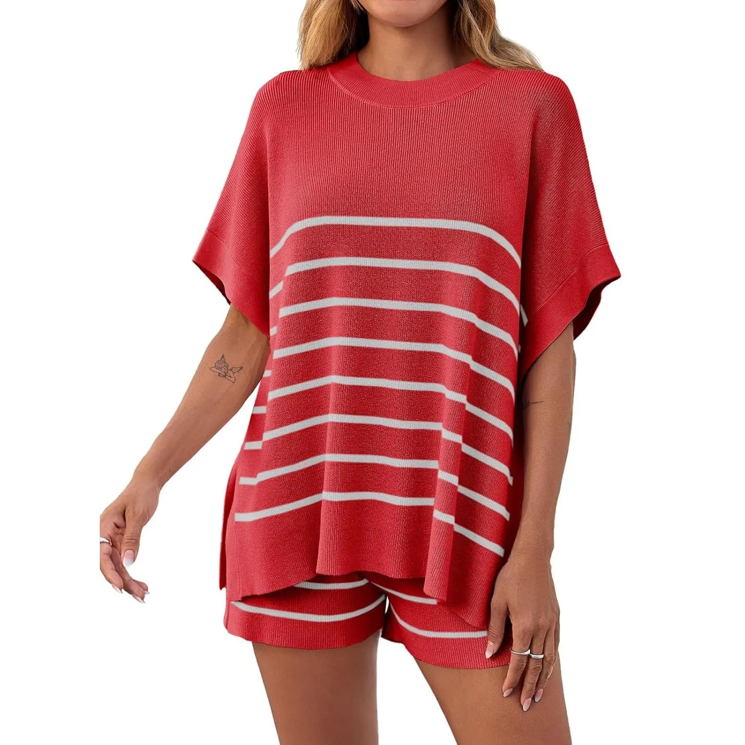 Women's Striped 2 Piece Outfits Oversized Batwing Short Sleeve Tops High Waisted Shorts