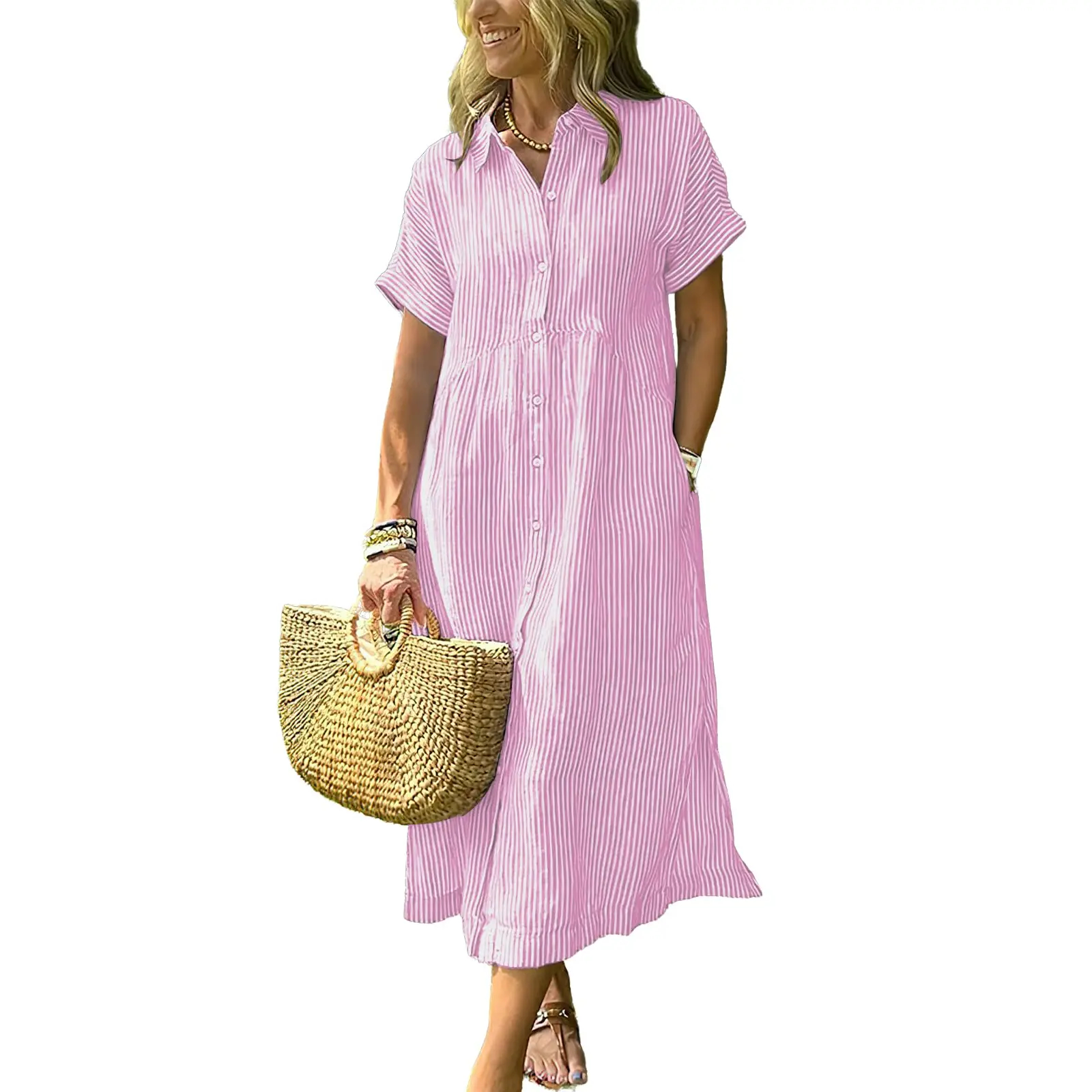 Women's Loose Midi Striped Shirt Dress
