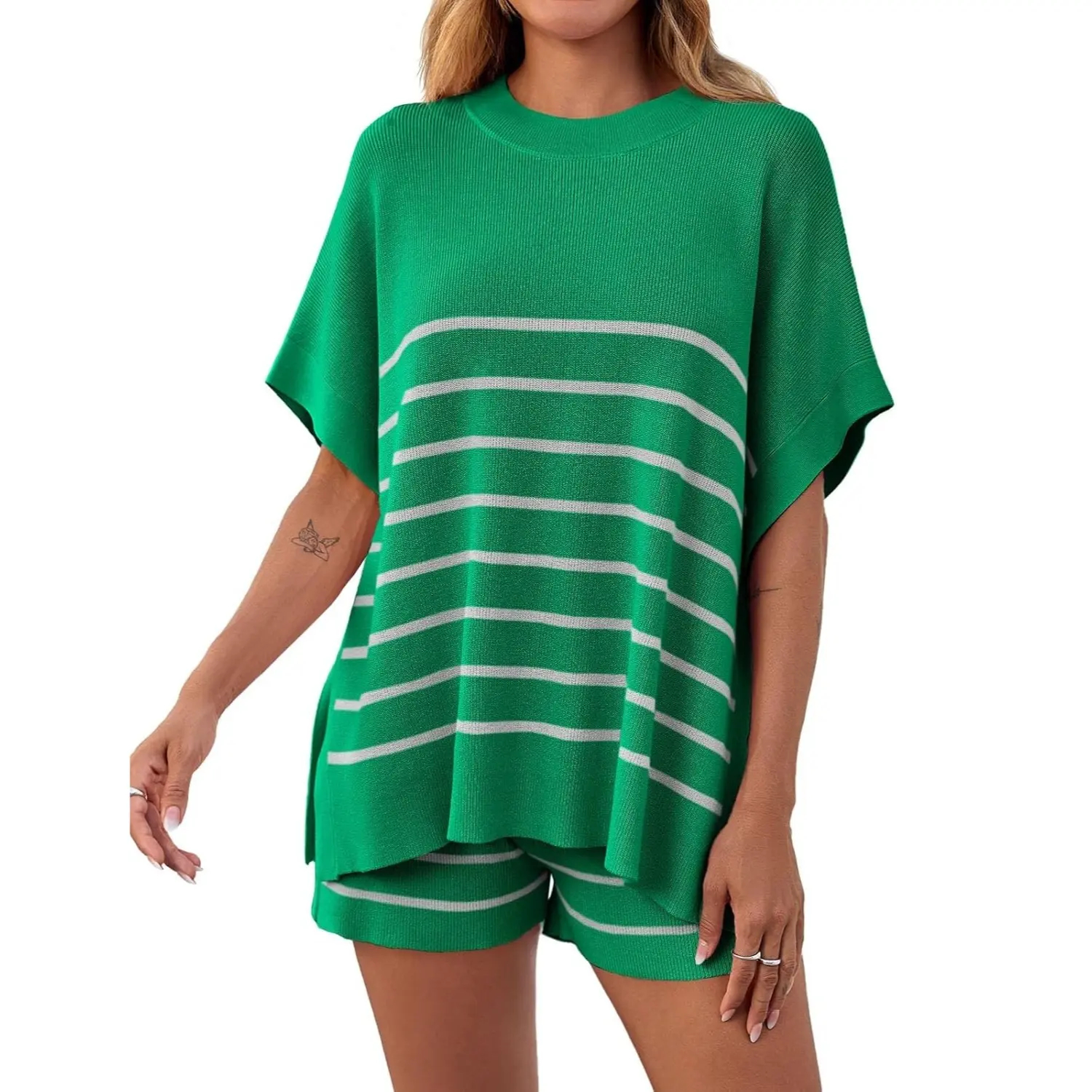 Women's Striped 2 Piece Outfits Oversized Batwing Short Sleeve Tops High Waisted Shorts