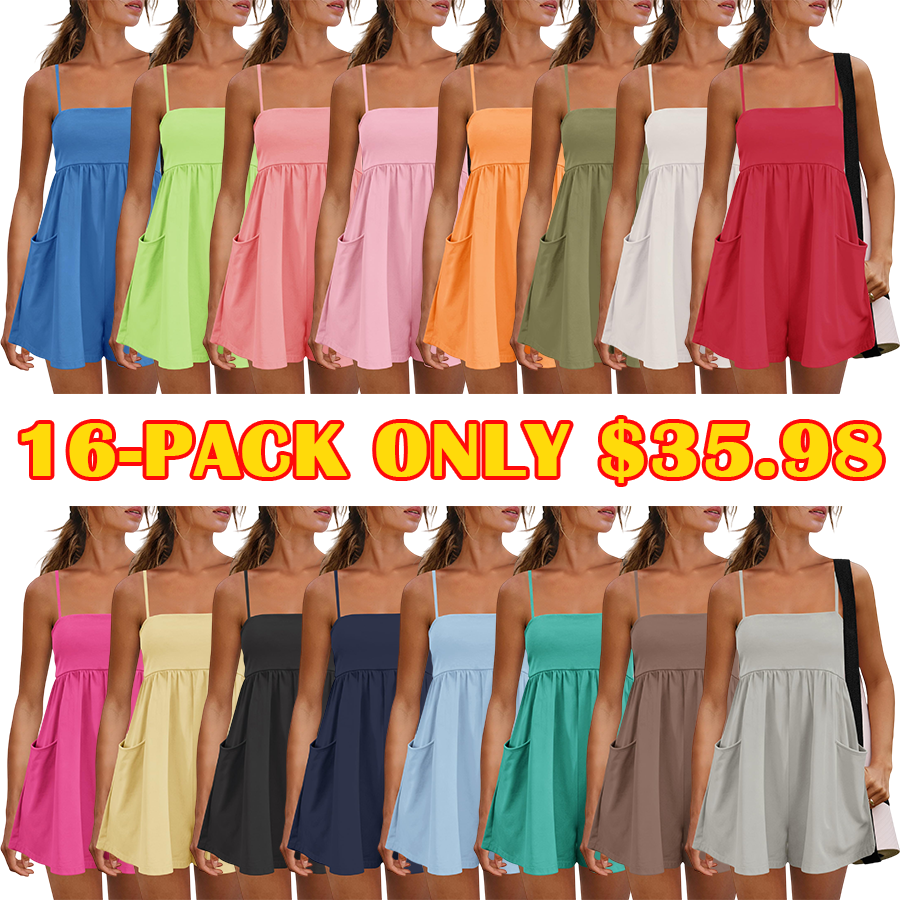 Women's Summer Strappy Cotton Romper with Pockets