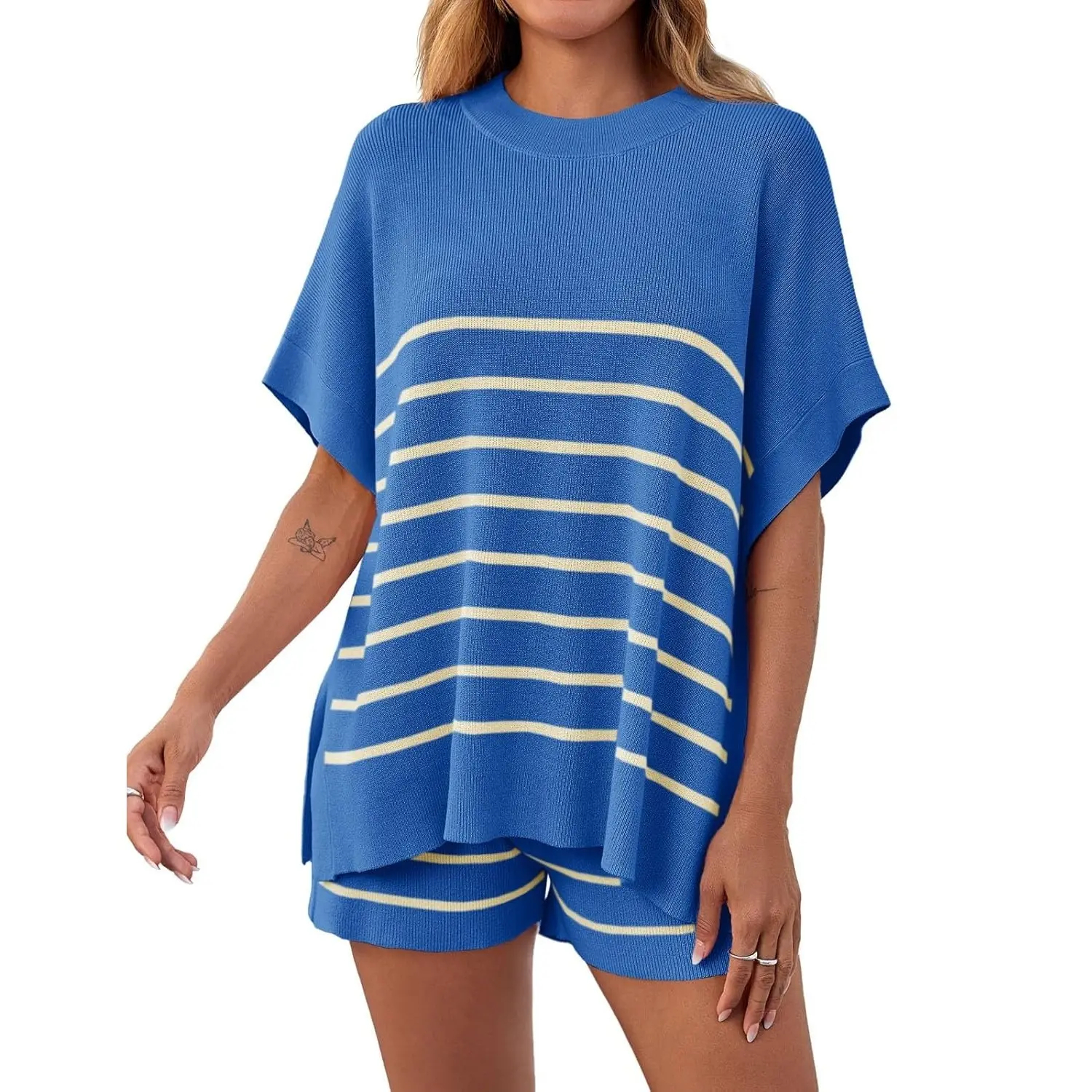 Women's Striped 2 Piece Outfits Oversized Batwing Short Sleeve Tops High Waisted Shorts