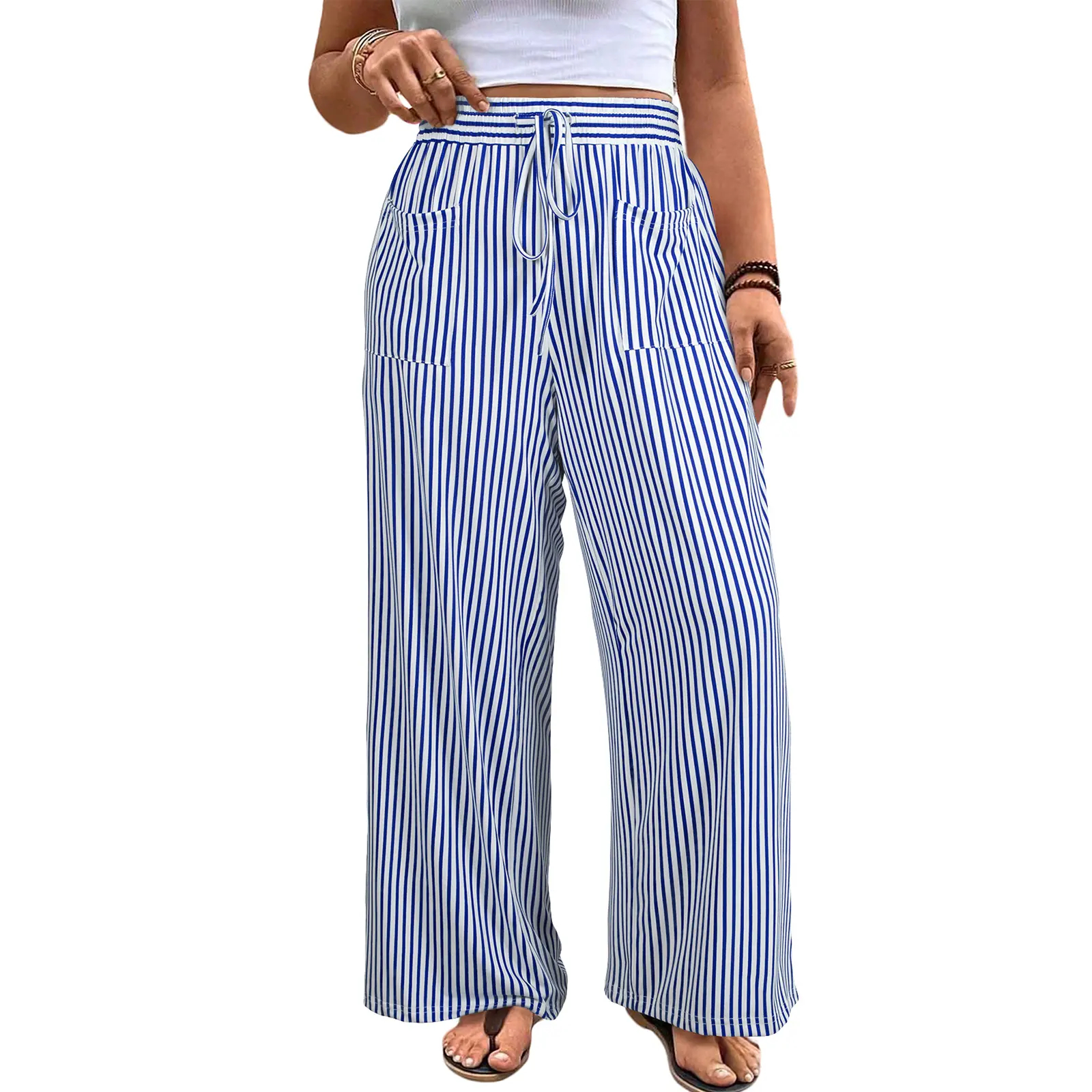 Women's Plus Size Wide Leg Pants Elastic High Waist Striped Casual Palazzo Pants Lounge Trouser with Pockets