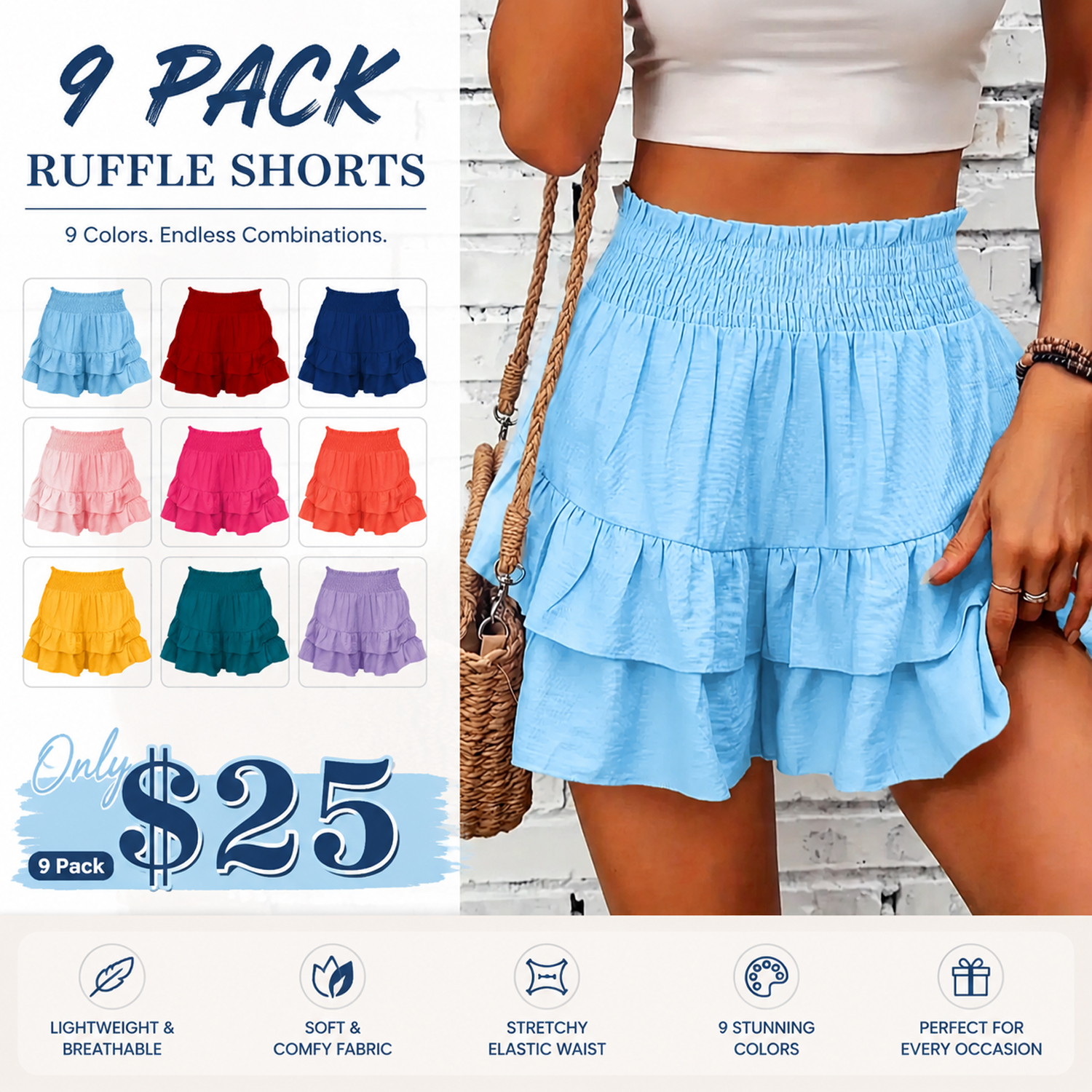 Women's Frill Trim Ruffle Hem Shirred High Waist Fit Shorts