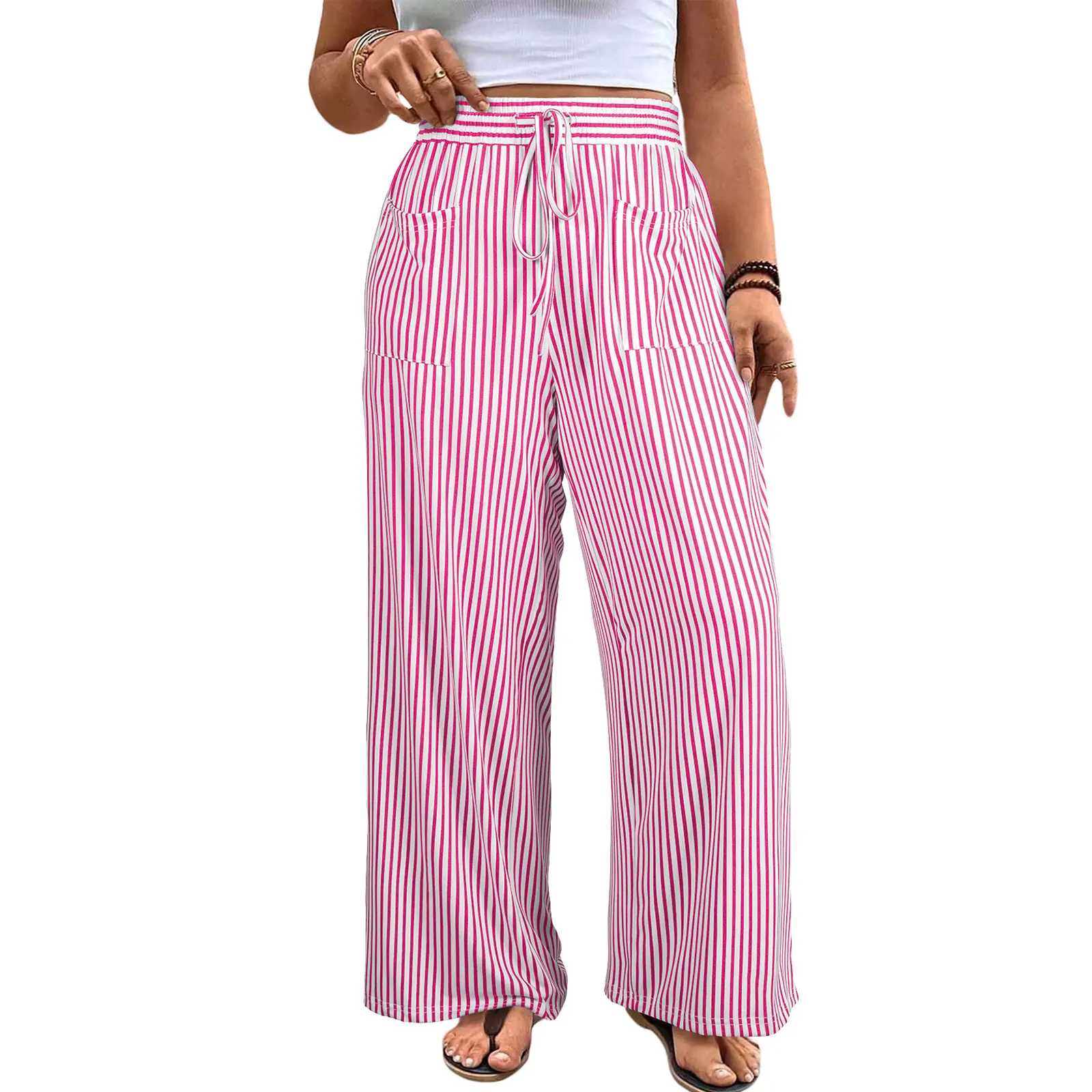 Women's Plus Size Wide Leg Pants Elastic High Waist Striped Casual Palazzo Pants Lounge Trouser with Pockets