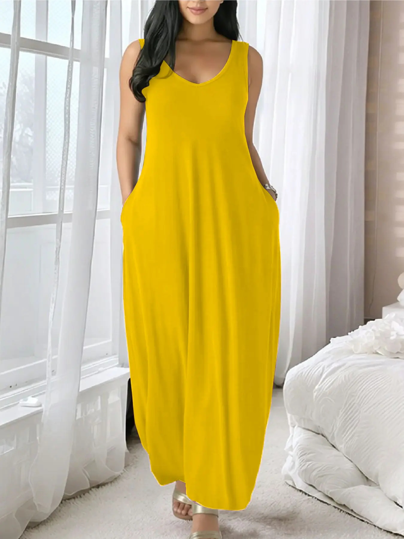 ⚡FINAL SALE⚡-Women's solid color casual sleeveless backless long dress with pockets