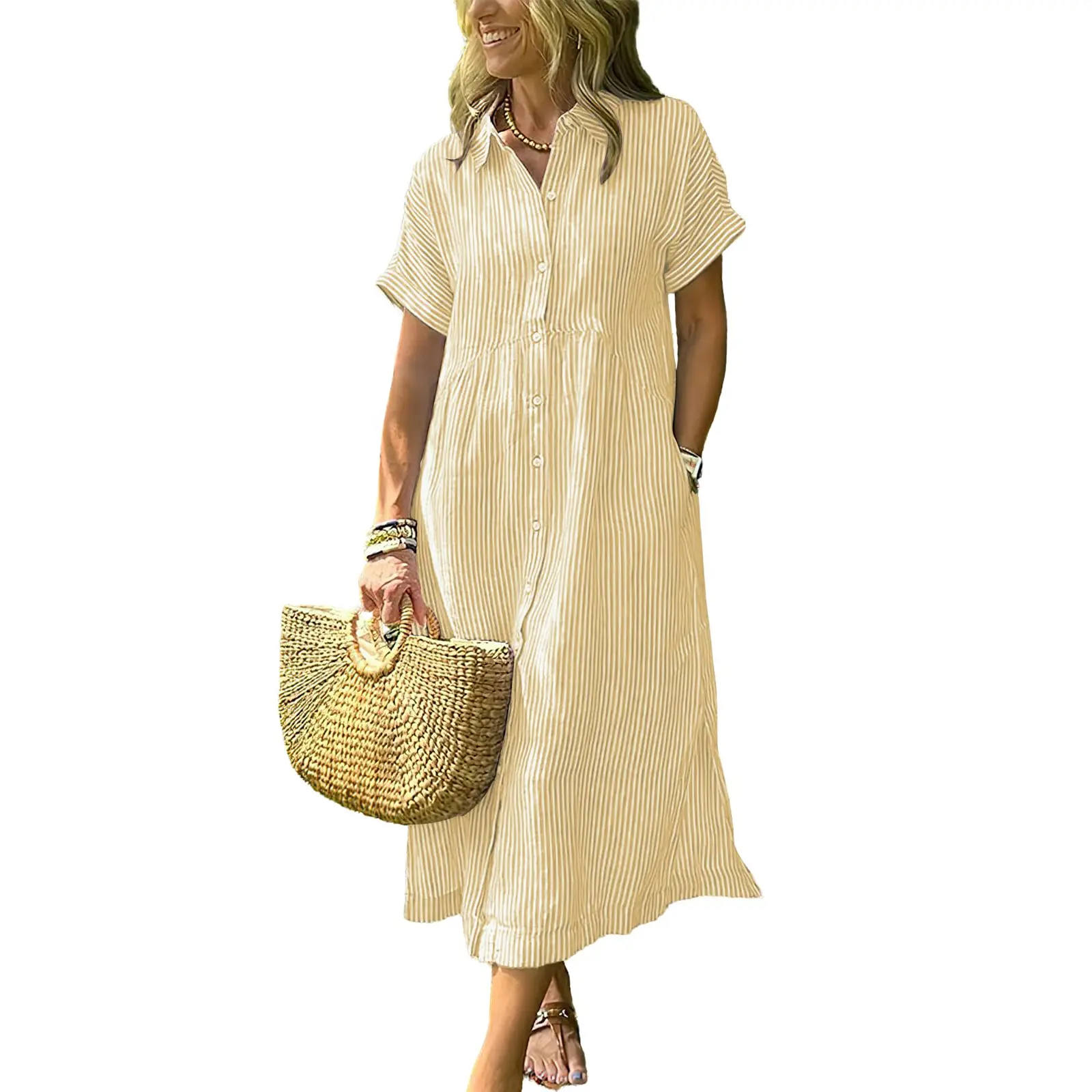 Women's Loose Midi Striped Shirt Dress