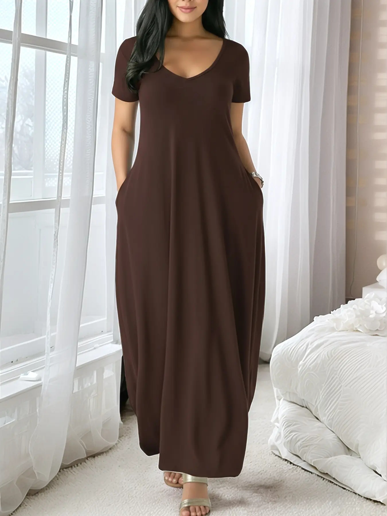 Women's Long Solid Color Loungewear Dress