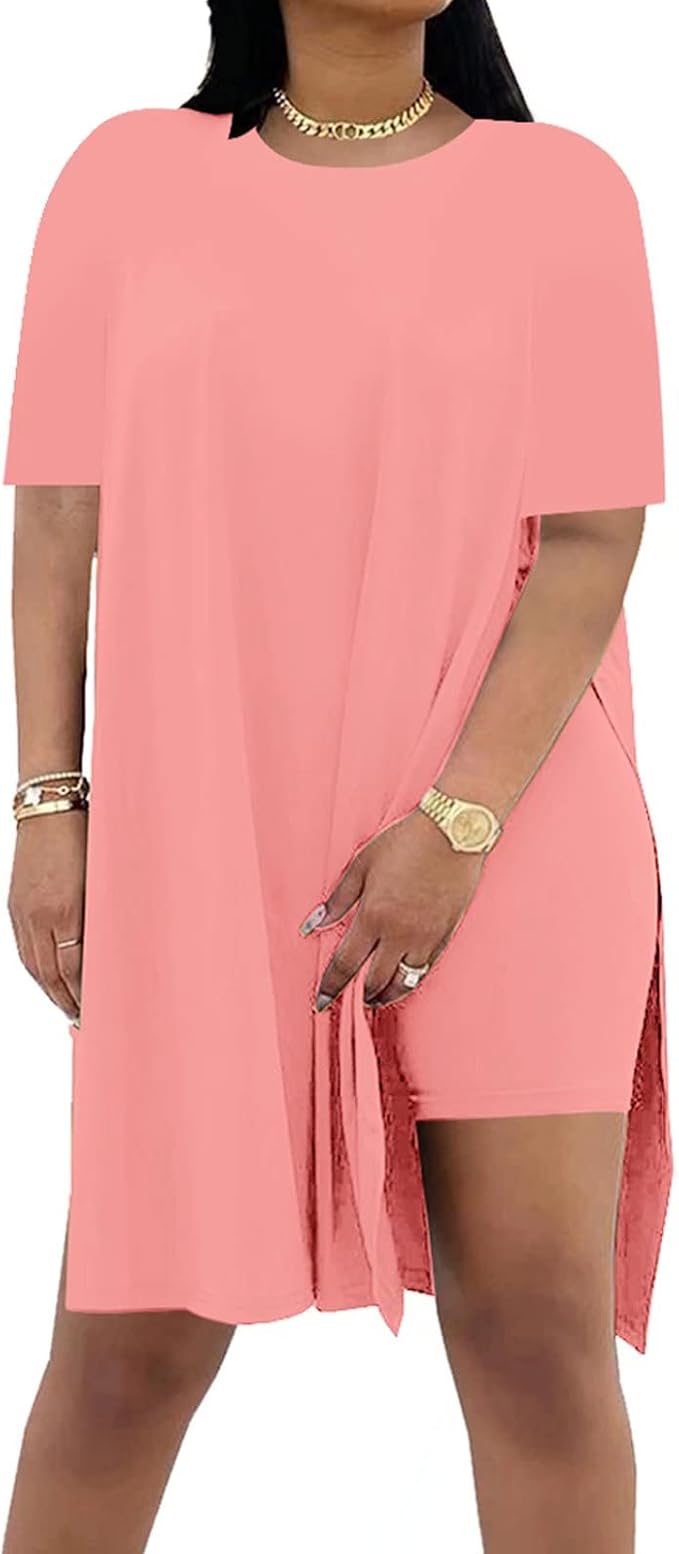 Women Plus Size 2 Piece Outfits Lady Basic Crewneck Short Sleeve Tunic Tops Soft Summer Sets, Breathable Material
