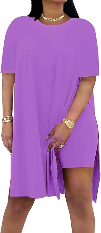 Women Plus Size 2 Piece Outfits Lady Basic Crewneck Short Sleeve Tunic Tops Soft Summer Sets, Breathable Material