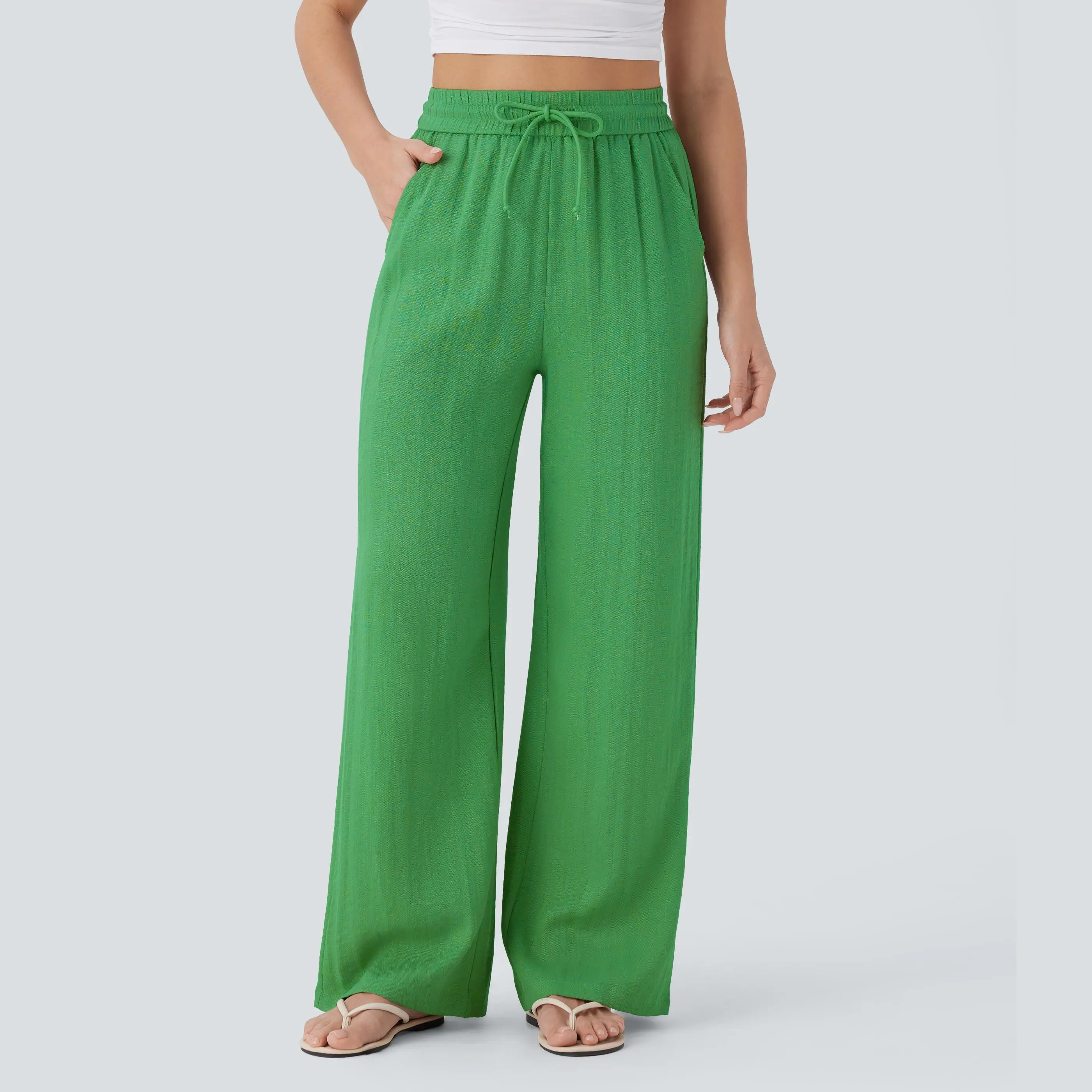 Women's High Waisted Drawstring Wide Leg Baggy Linen-Feel Pants with Pocket