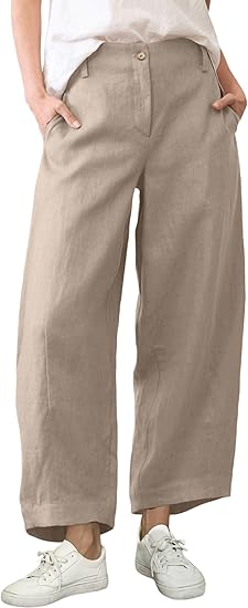 Women's Casual Baggy Linen Blend Pants, High Waisted Pull On Wide Leg Style with Pockets