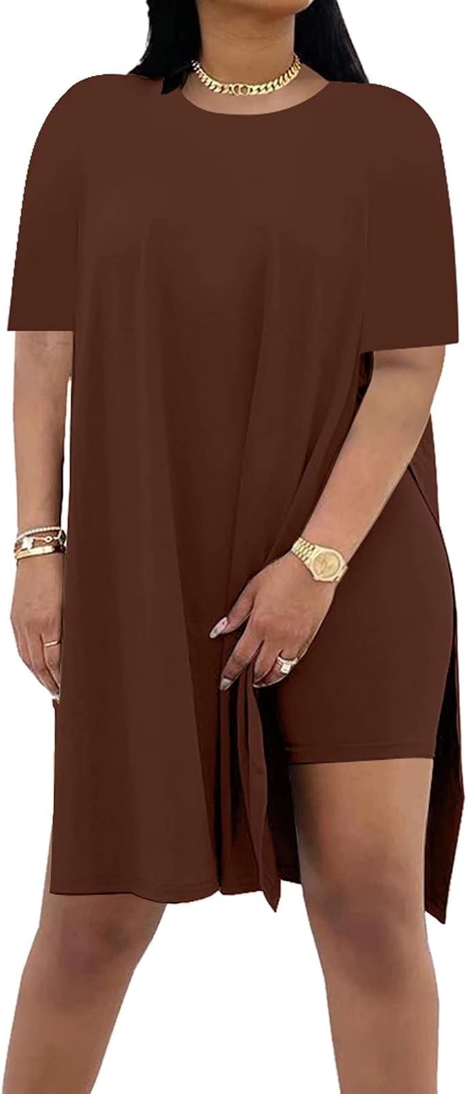 Women Plus Size 2 Piece Outfits Lady Basic Crewneck Short Sleeve Tunic Tops Soft Summer Sets, Breathable Material