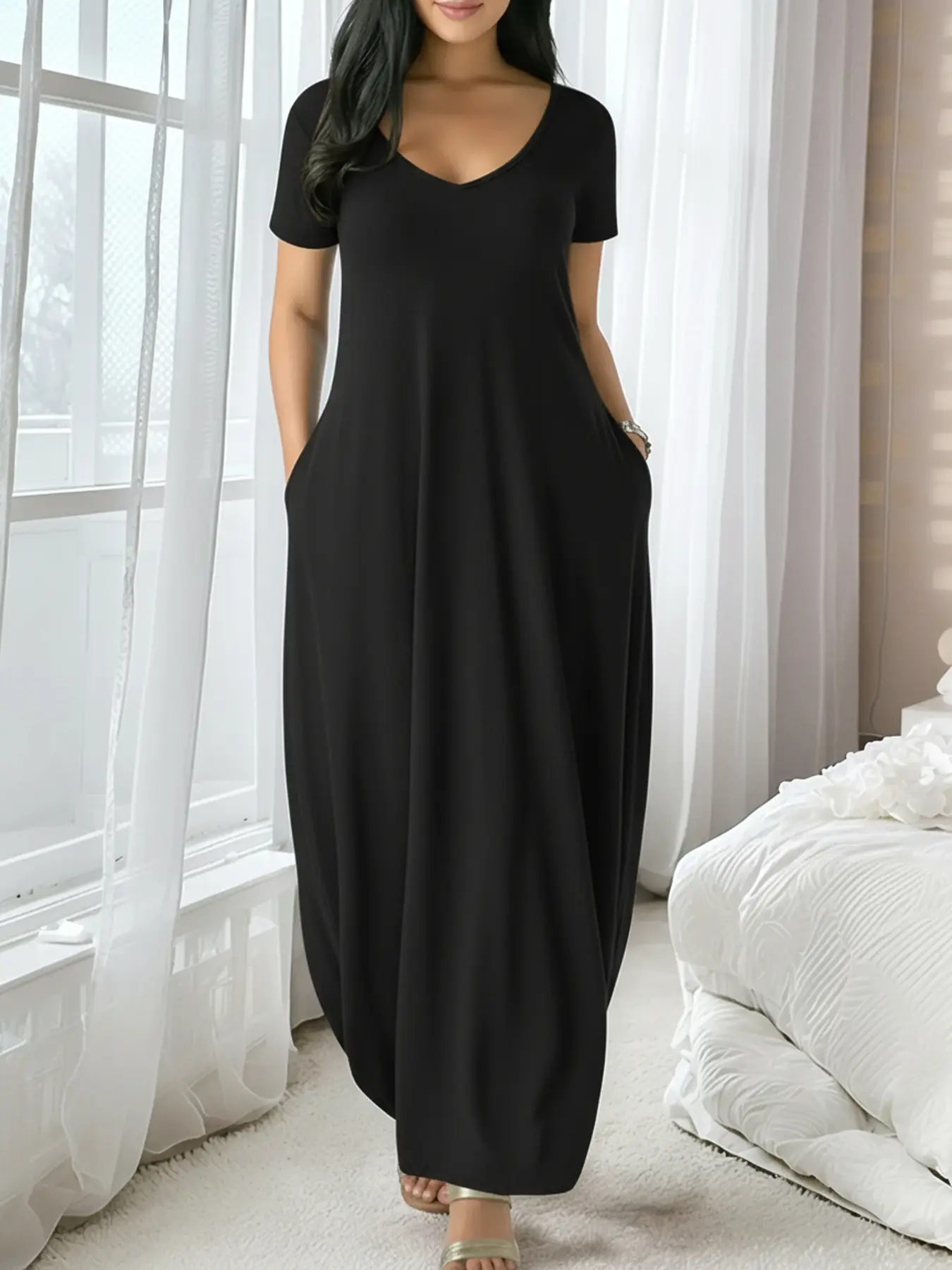 Women's Long Solid Color Loungewear Dress