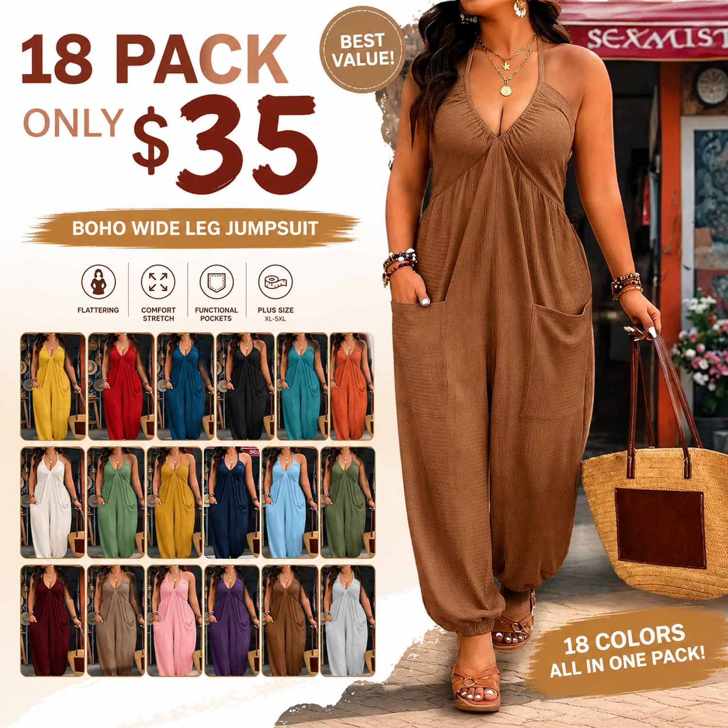 Women's Plus Solid Color Pocket Open Back Jumpsuit