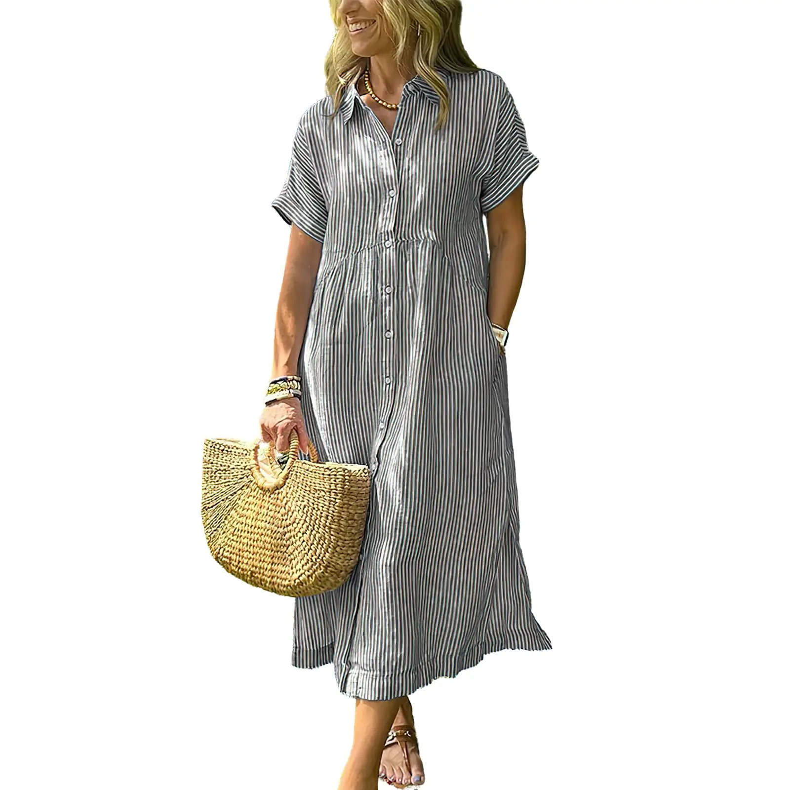 Women's Loose Midi Striped Shirt Dress