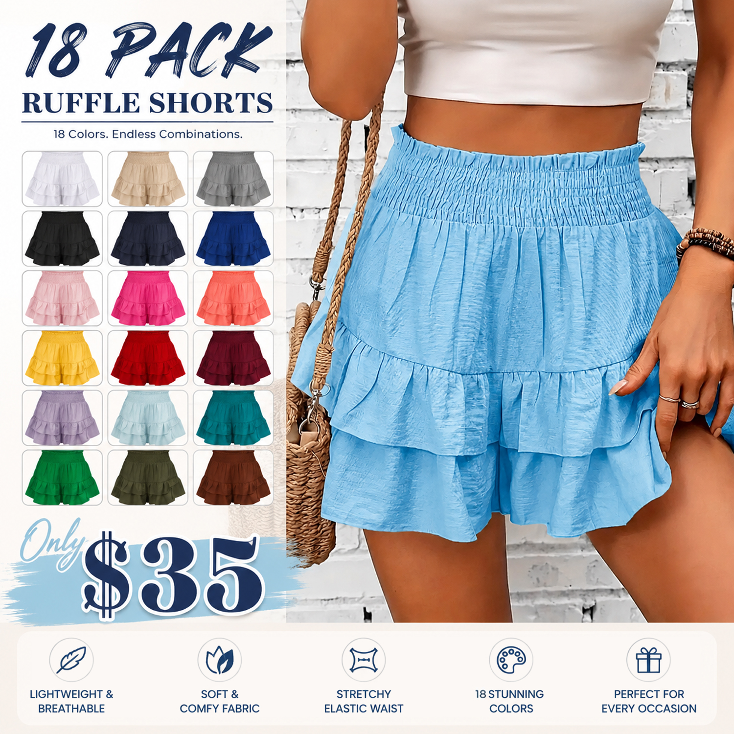 Women's Frill Trim Ruffle Hem Shirred High Waist Fit Shorts