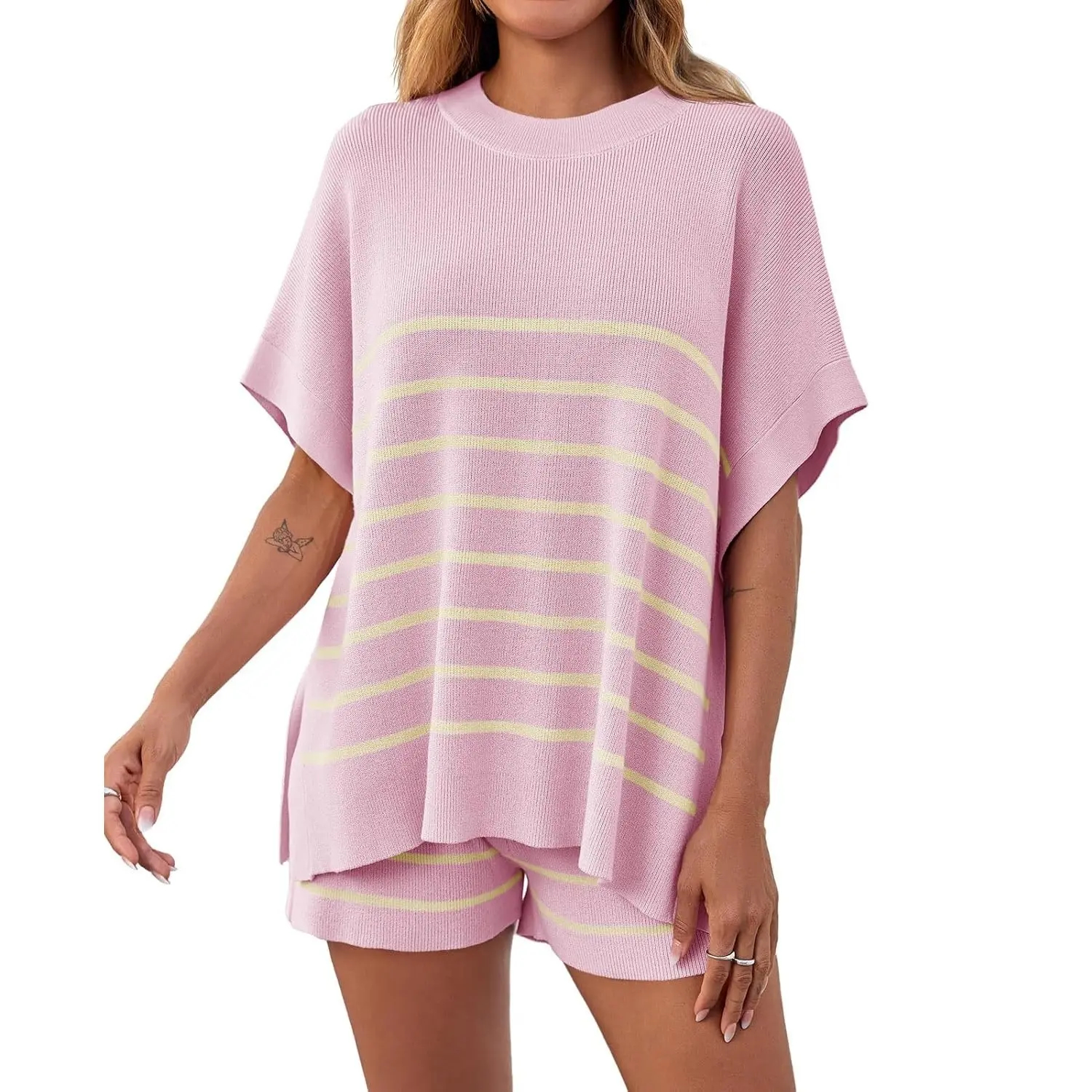 Women's Striped 2 Piece Outfits Oversized Batwing Short Sleeve Tops High Waisted Shorts