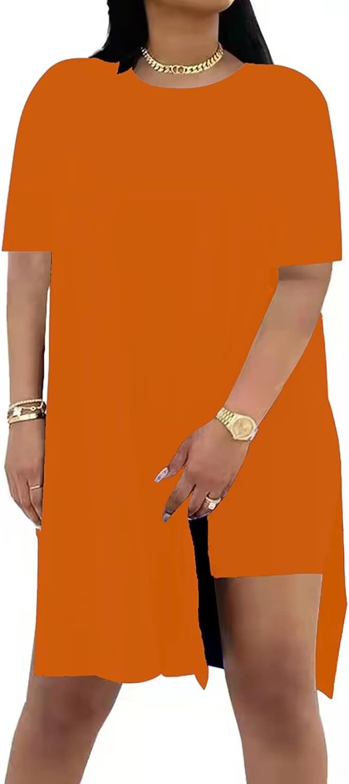 Women Plus Size 2 Piece Outfits Lady Basic Crewneck Short Sleeve Tunic Tops Soft Summer Sets, Breathable Material