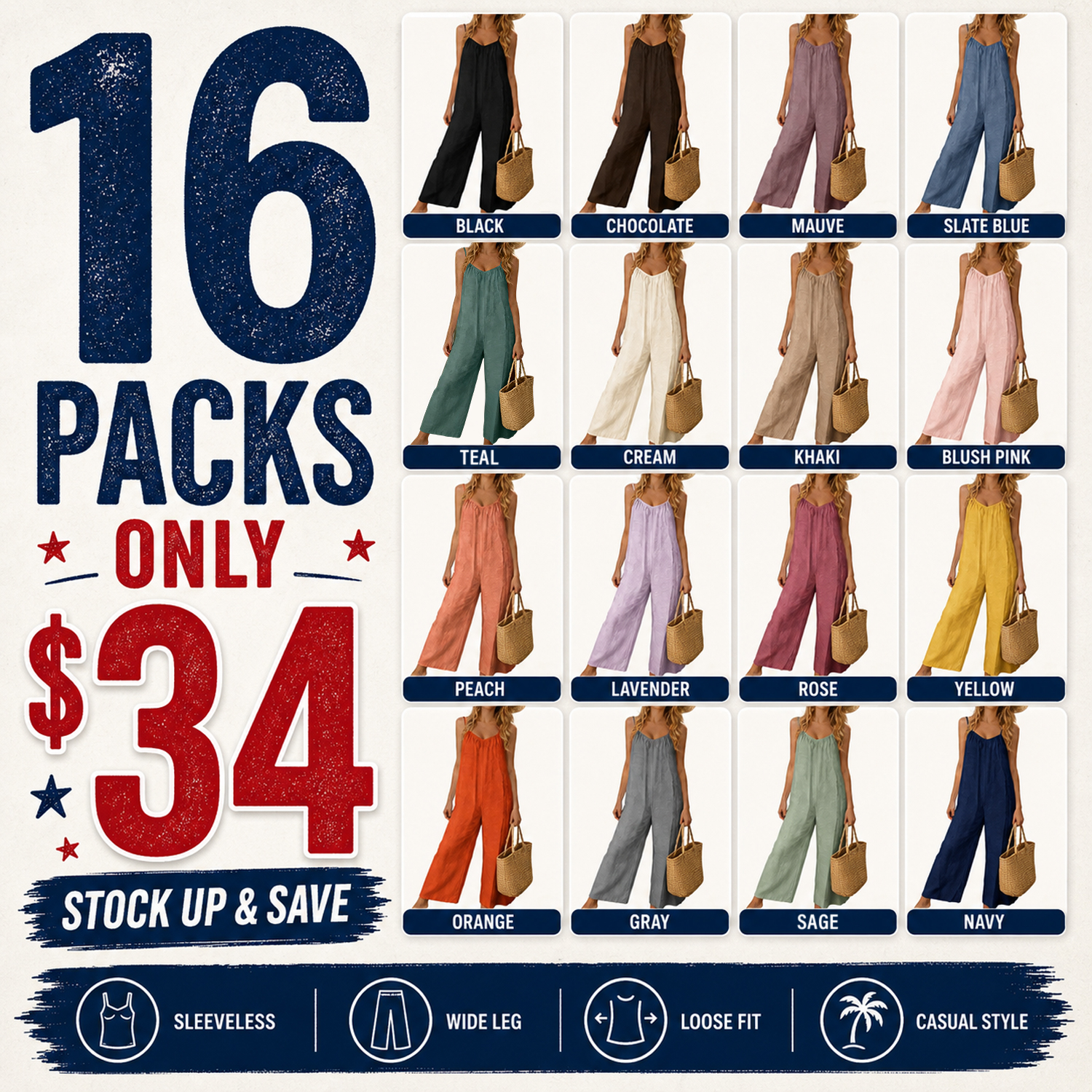 ⚡FINAL SALE⚡- Women's Sleeveless Tie-Back Long Wide-Leg Rompers with Side Pockets