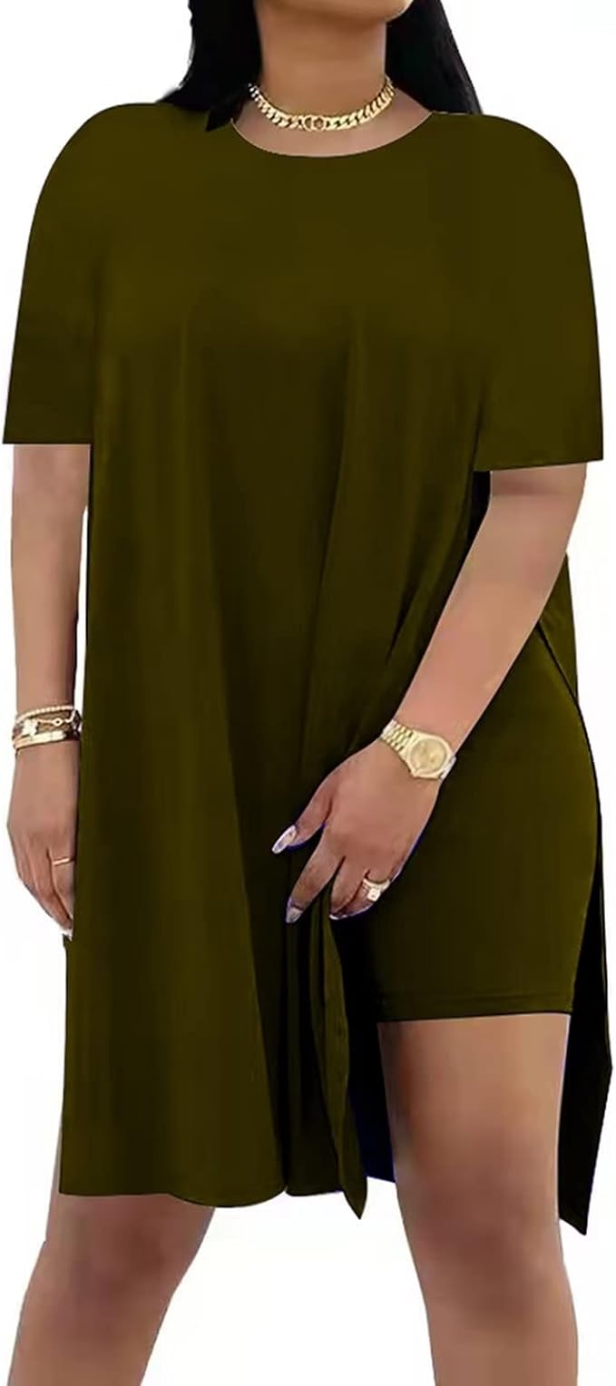 Women Plus Size 2 Piece Outfits Lady Basic Crewneck Short Sleeve Tunic Tops Soft Summer Sets, Breathable Material