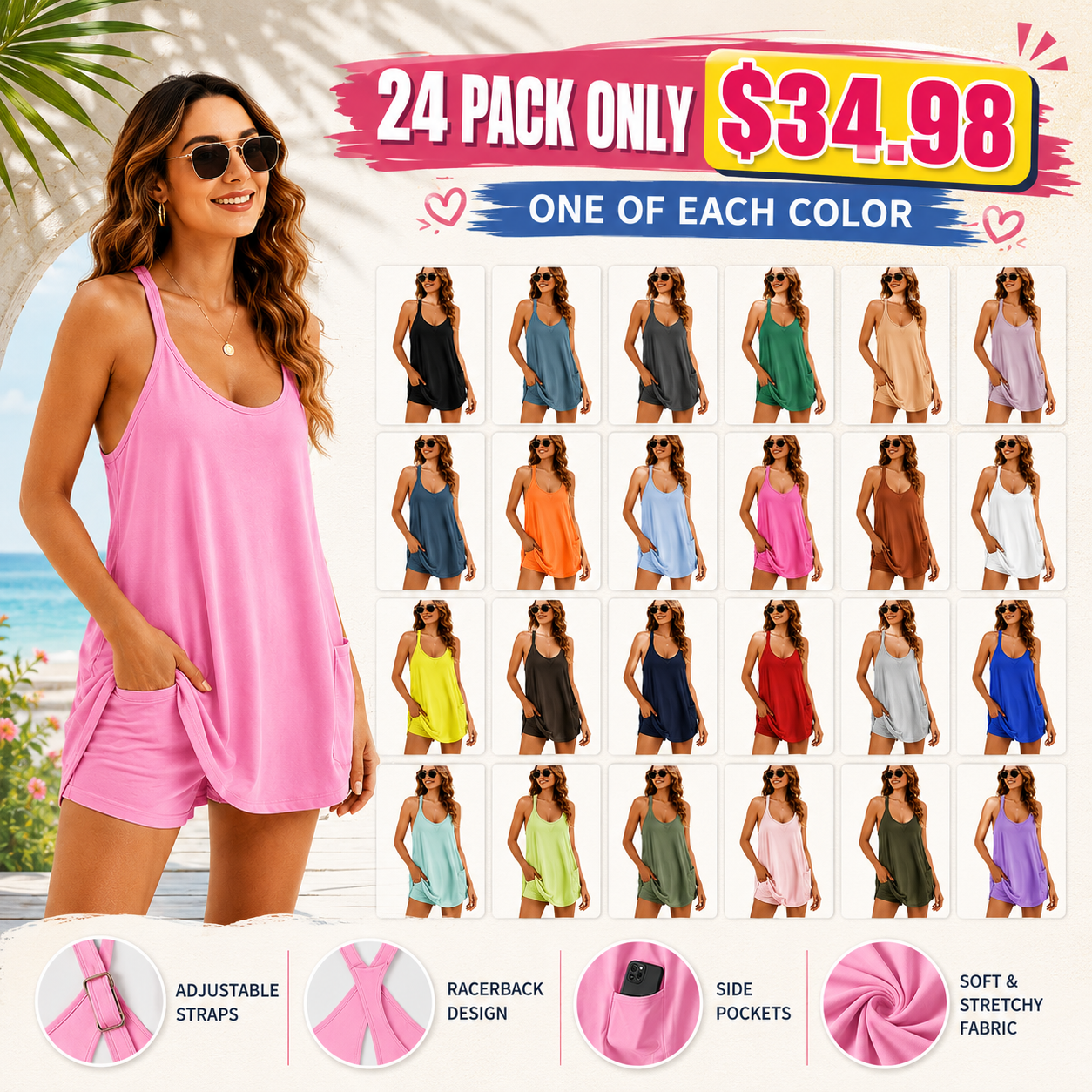 ⚡FINAL SALE⚡- Women's Sleeveless Sports Romper Dress - Built-In Shorts + Pockets