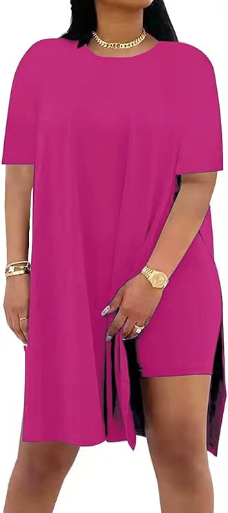 Women Plus Size 2 Piece Outfits Lady Basic Crewneck Short Sleeve Tunic Tops Soft Summer Sets, Breathable Material