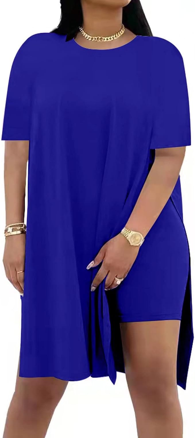 Women Plus Size 2 Piece Outfits Lady Basic Crewneck Short Sleeve Tunic Tops Soft Summer Sets, Breathable Material