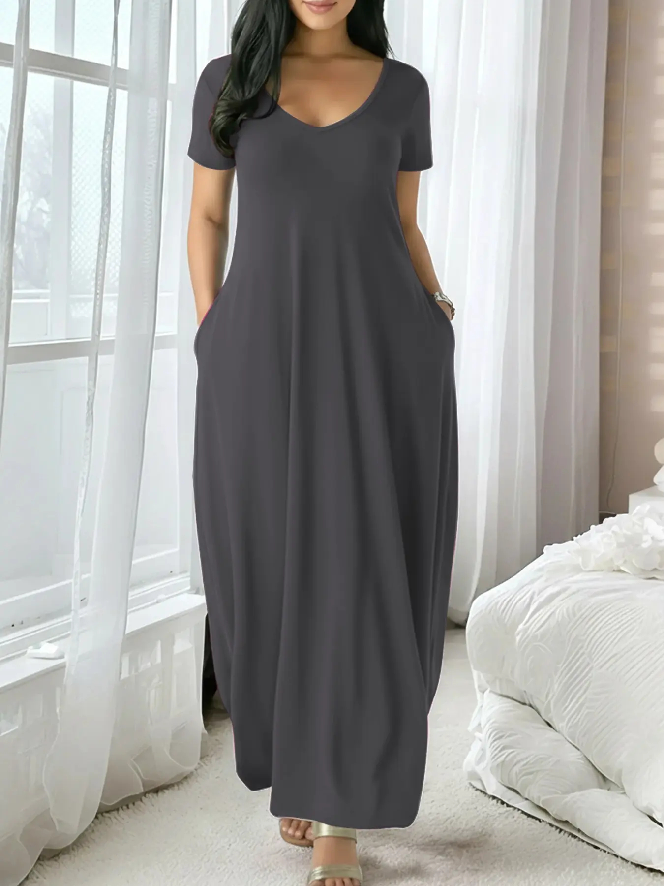 Women's Long Solid Color Loungewear Dress