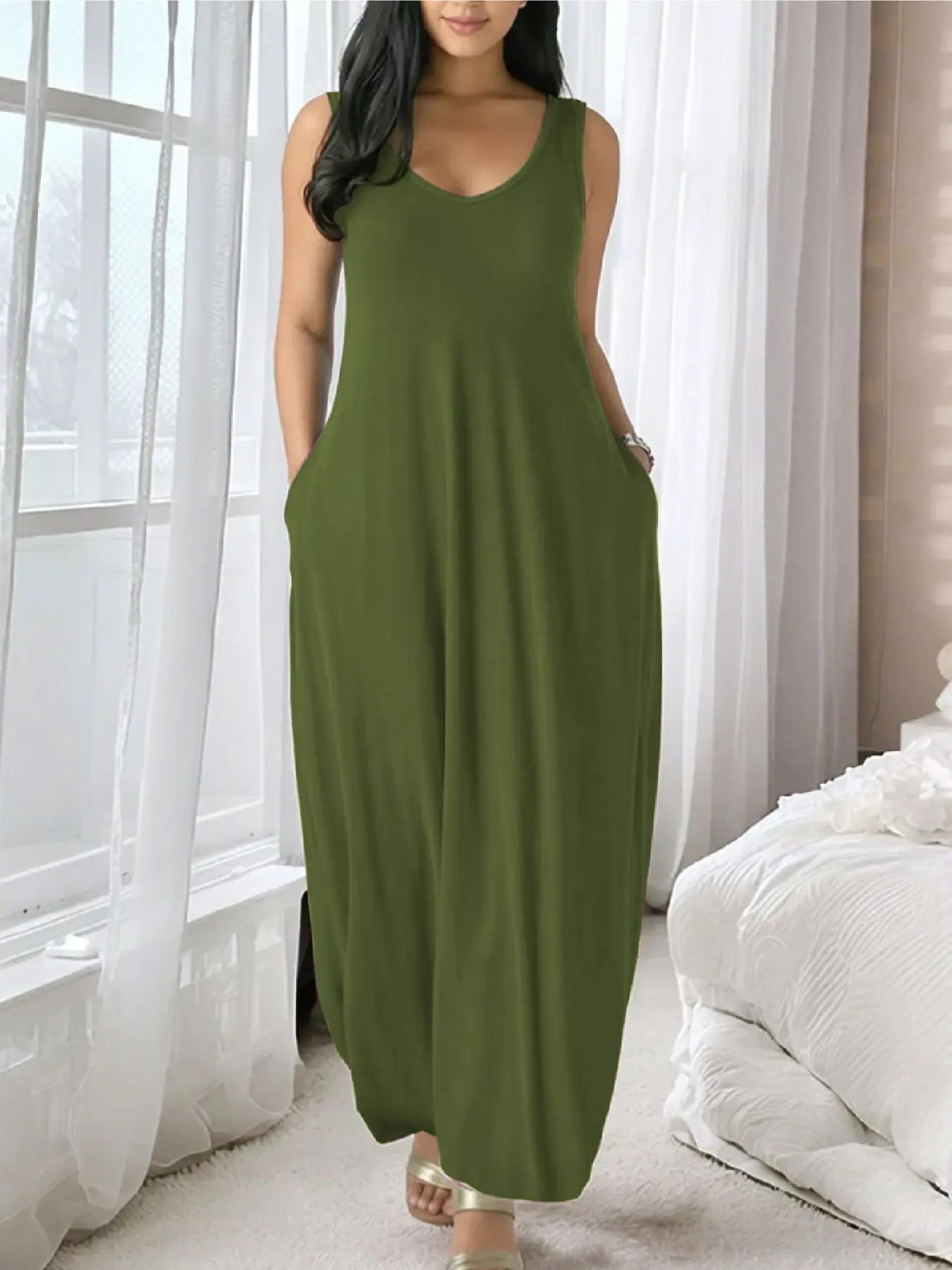 ⚡FINAL SALE⚡-Women's solid color casual sleeveless backless long dress with pockets