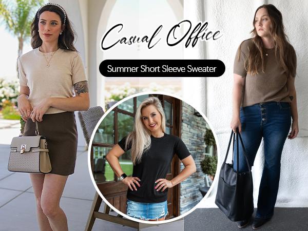 Arach&Cloz Women's Wool Blend Loose Fit Summer Sweater Top Short Sleeve Crew Neck Soft Casual Pullover SummerVibes 2026